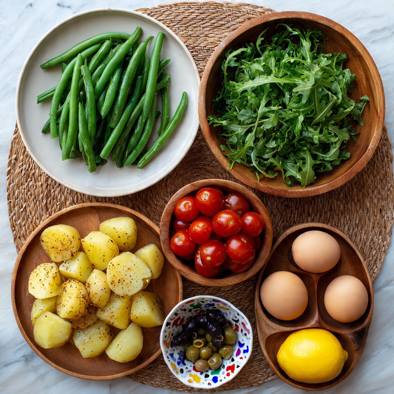The image shows six dishes arranged on a woven mat over a white marbled surface. Starting from the top left, a white plate holds fresh green beans, bright and glossy. Moving right, a small wooden bowl contains halved cherry tomatoes, rich red with a juicy texture. To the far right, a large wooden bowl is filled with fresh green leafy arugula, showing its jagged edges. Below the green beans, a white plate is piled with yellow boiled potatoes cut into chunks, speckled with black pepper. At the center bottom, a wooden plate holds four whole brown eggs next to one bright yellow lemon, smooth and shiny. To the right of the eggs, a small white dish with colorful patterns on the inside holds dark olives and green capers. Photo taken with an iphone --ar 4:5 --v 7