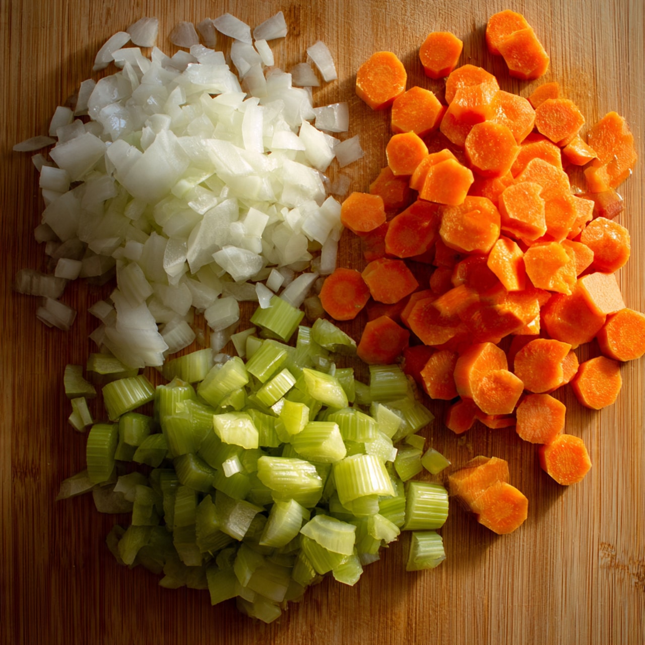 The image shows three piles of chopped vegetables on a wooden board: on the left, a mound of white chopped onions with a soft, slightly translucent texture; in the middle, light green sliced celery pieces with a crunchy texture and curved edges; on the right, bright orange carrot rounds and angled slices with a smooth surface. The wooden board has a natural grain and a warm tone, and the photo captures good lighting with clear focus on the vegetables. photo taken with an iphone --ar 4:5 --v 7
