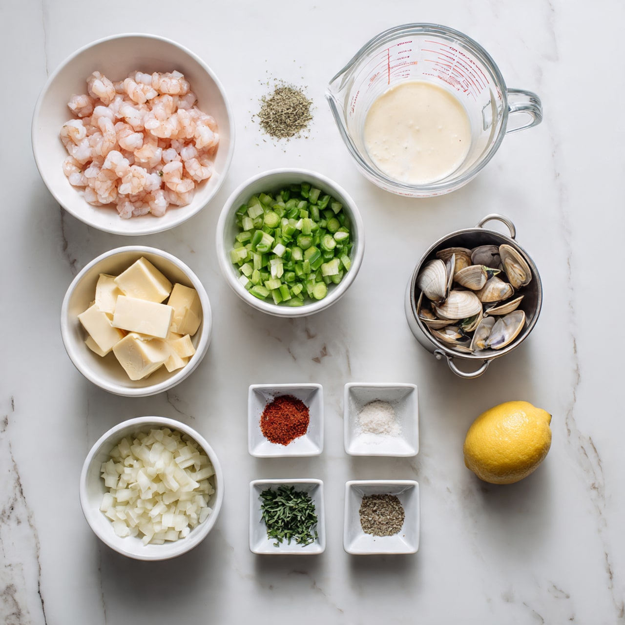 The image shows various ingredients placed on a white marbled surface for making a seafood dish. There are six white bowls arranged: one with light pink diced fish, one with raw shrimp, one with chopped green bell peppers, one with diced onions, one with a block of butter, and one containing a pale liquid, which looks like cream. Additionally, there is a clear glass measuring cup filled with cream, a glass bowl with small diced potatoes, a can with drained clams, a metal cup holding flour, three small square dishes containing red spice powder, chopped green herbs, and a mix of salt and pepper, and a whole lemon on the surface. The setup is neat, and all the ingredients are clearly displayed for preparation. photo taken with an iphone --ar 4:5 --v 7