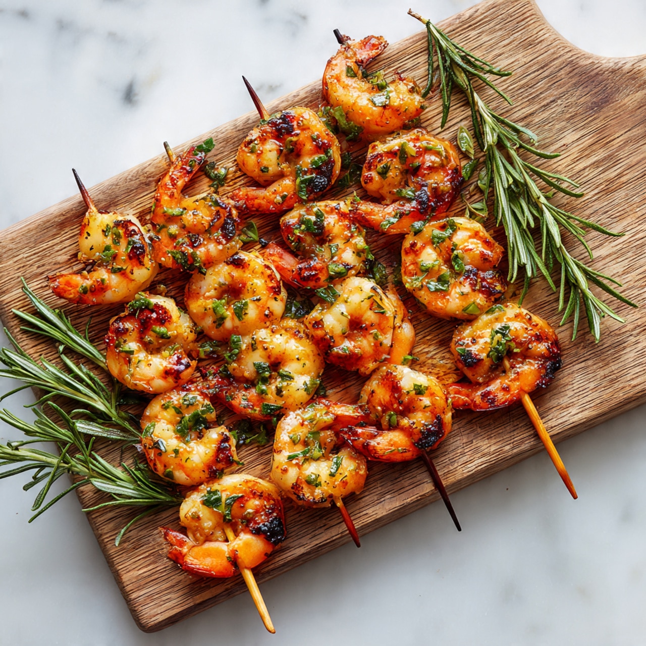 The image shows a wooden cutting board filled with cooked shrimp skewers. Each skewer has about three to four shrimp with a pinkish-orange color and char marks, topped with green herb pieces. Beneath and around the shrimp skewers, there are fresh rosemary sprigs with long green needle-like leaves. The wooden board has a natural grain texture, and the right side of the image shows some white marbled surface. photo taken with an iphone --ar 4:5 --v 7