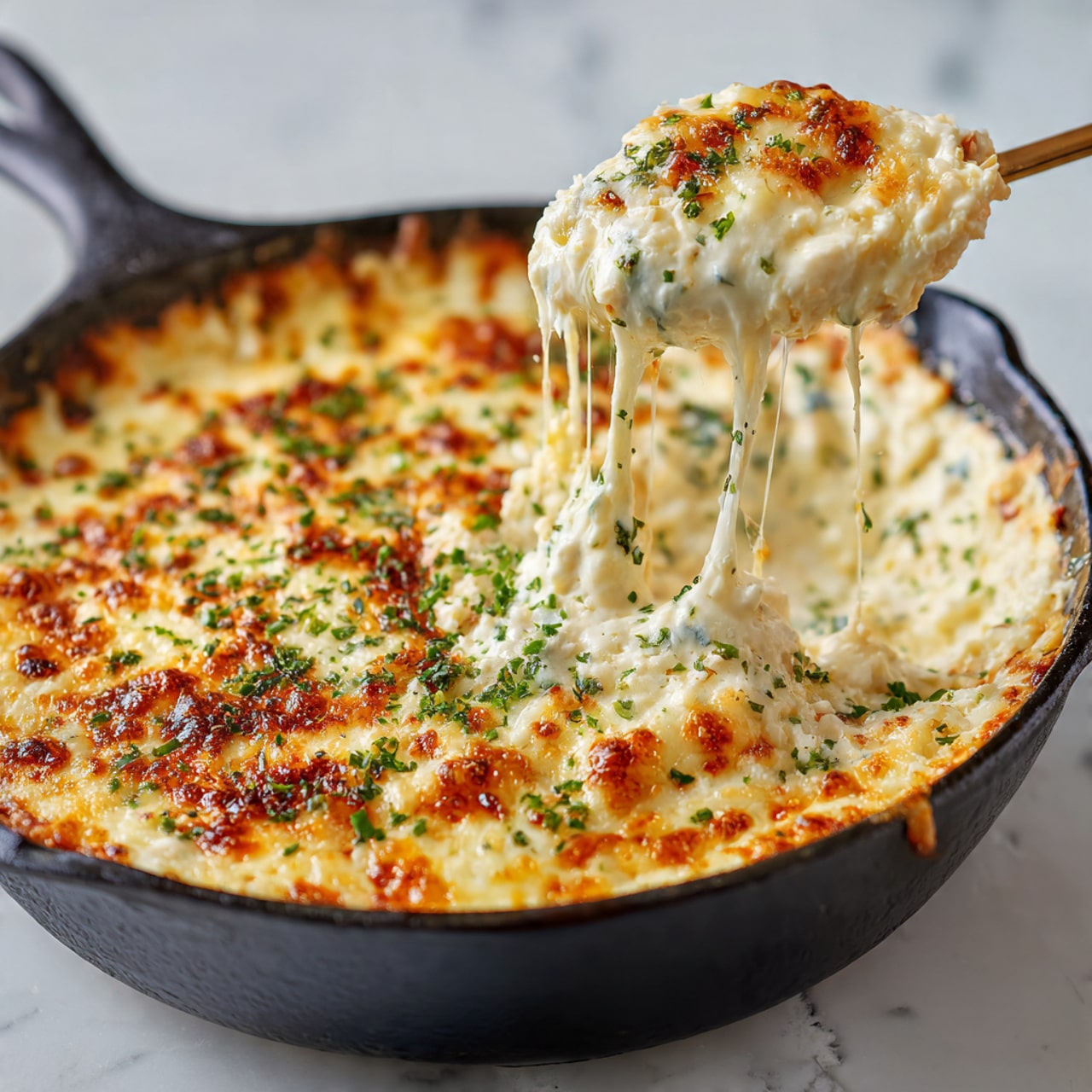 The image shows a black cast iron pan filled with a creamy, cheesy dip. The top layer is golden brown with melted cheese that is bubbly and slightly browned in spots, sprinkled with small bits of green herbs. A spoon lifts a scoop from the pan, showing a thick, creamy texture with stretchy melted cheese pulling up between the spoon and the rest of the dip in the pan. The background surface is white marbled, adding a clean contrast to the rich colors of the dish photo taken with an iphone --ar 4:5 --v 7