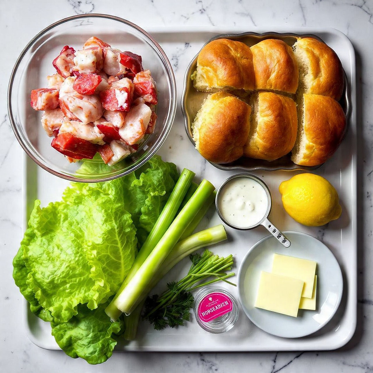 A top-down view of a tray showing fresh ingredients: a transparent glass bowl filled with white and red lobster meat sits at the top left, next to a row of five golden brown split sandwich buns on the right. Below the bowl is a bunch of vibrant green butter lettuce leaves laying flat, with three long pale green celery sticks placed diagonally below and to the right of the lettuce. Near the celery is a bunch of fresh dark green chives and a small bunch of pale celery leaves. A vibrant yellow lemon sits on the right side near a metal measuring cup filled with white creamy sauce. At the bottom right, a small white plate holds three slices of pale yellow butter, and just above it is a small clear bowl with a dollop of mustard. A jar labeled