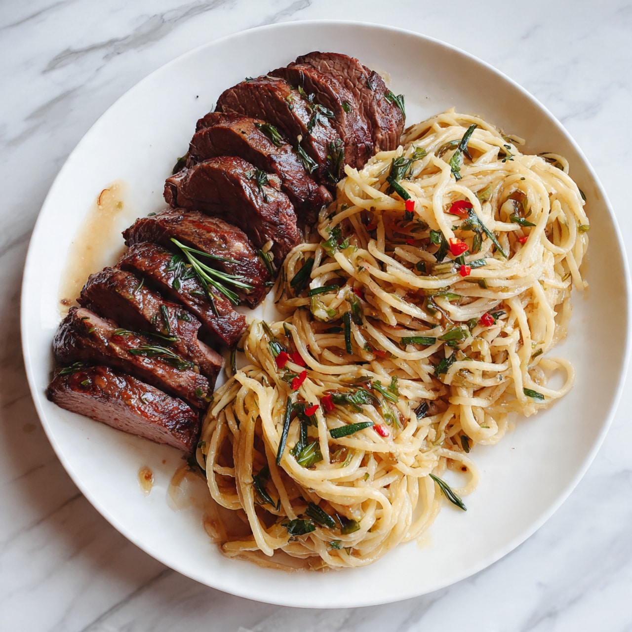 A white plate on a white marbled surface holds a dish with two main parts: on the left, there is a row of six slices of meat that are dark brown and slightly shiny, with some green herb pieces sprinkled on top; on the right, there are two bundles of creamy spaghetti noodles, light beige in color, mixed with small red flakes and green herbs scattered over them. The plate has a few small spots of sauce that match the color of the meat. photo taken with an iphone --ar 4:5 --v 7
