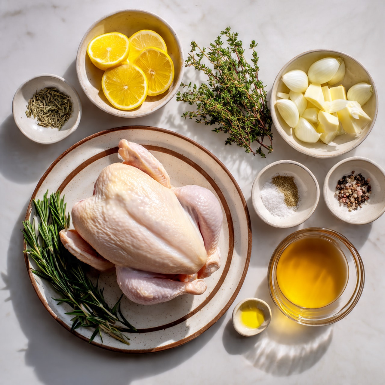 A fresh whole raw chicken sits centered on a round white plate with brown edges, surrounded by small white and earthy-tone bowls containing various ingredients arranged neatly on a white marbled surface. There are layers of yellow lemon slices stacked in a small white bowl, white onion pieces in a speckled bowl, and yellow butter scoops in another white bowl. Fresh green rosemary and thyme sprigs lie next to small dishes holding coarse salt, ground black pepper, minced garlic, and loose dried herbs. A clear round glass bowl with a brown liquid completes the layout, all shown in bright, natural light. Photo taken with an iphone --ar 4:5 --v 7
