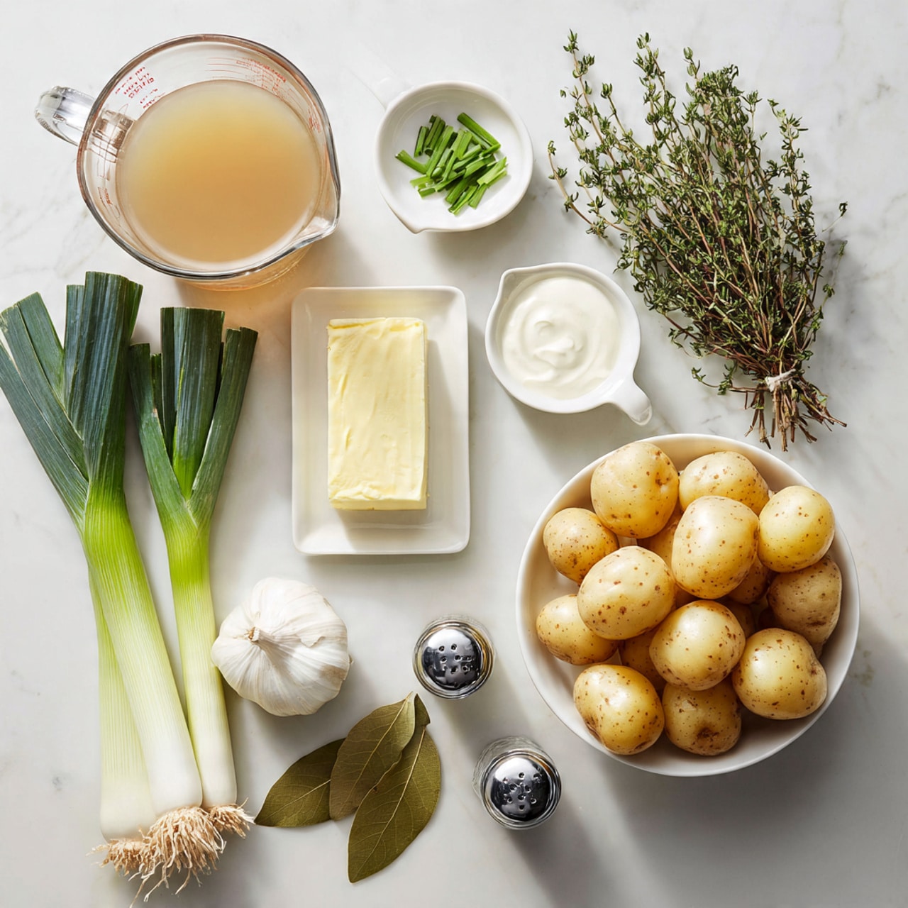 The image shows an arrangement of fresh cooking ingredients on a white marbled surface. From left to right, there is a clear glass measuring jug filled with light brown broth, a small white rectangular plate with a pale yellow block of butter, fresh green chives in a small bundle, a white measuring cup filled with white cream, and a cluster of fresh green thyme sprigs. Near the bottom, there are two long leeks with white bases and dark green leafy tops, a whole head of garlic with light purple skin, and two bay leaves with deep green color. On the right side, a white ceramic square bowl is filled with small light brown potatoes. In the bottom right corner, there are two metal shakers for salt and pepper. Photo taken with an iphone --ar 4:5 --v 7