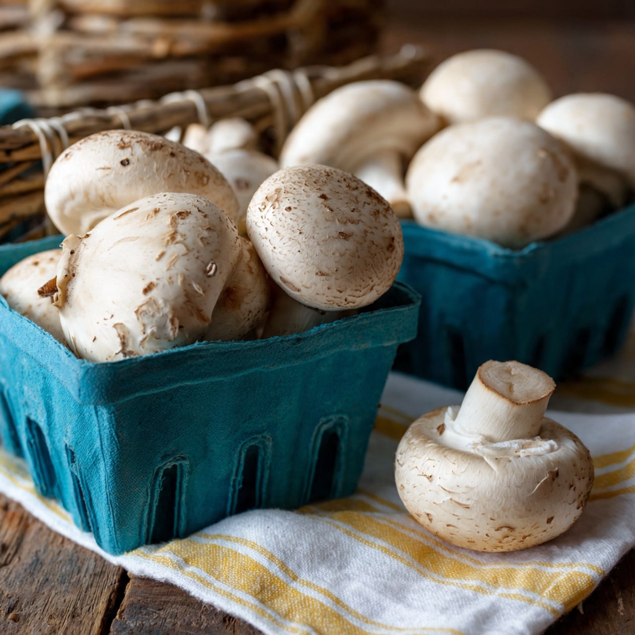 The image shows several fresh white mushrooms with smooth and round caps inside two blue plastic containers, sitting on a wooden surface. One mushroom lies on a white and yellow striped cloth in the lower right corner. The mushrooms are white with light brown spots and look plump and firm. The background is blurred, focusing on the mushrooms in the containers. photo taken with an iphone --ar 4:5 --v 7
