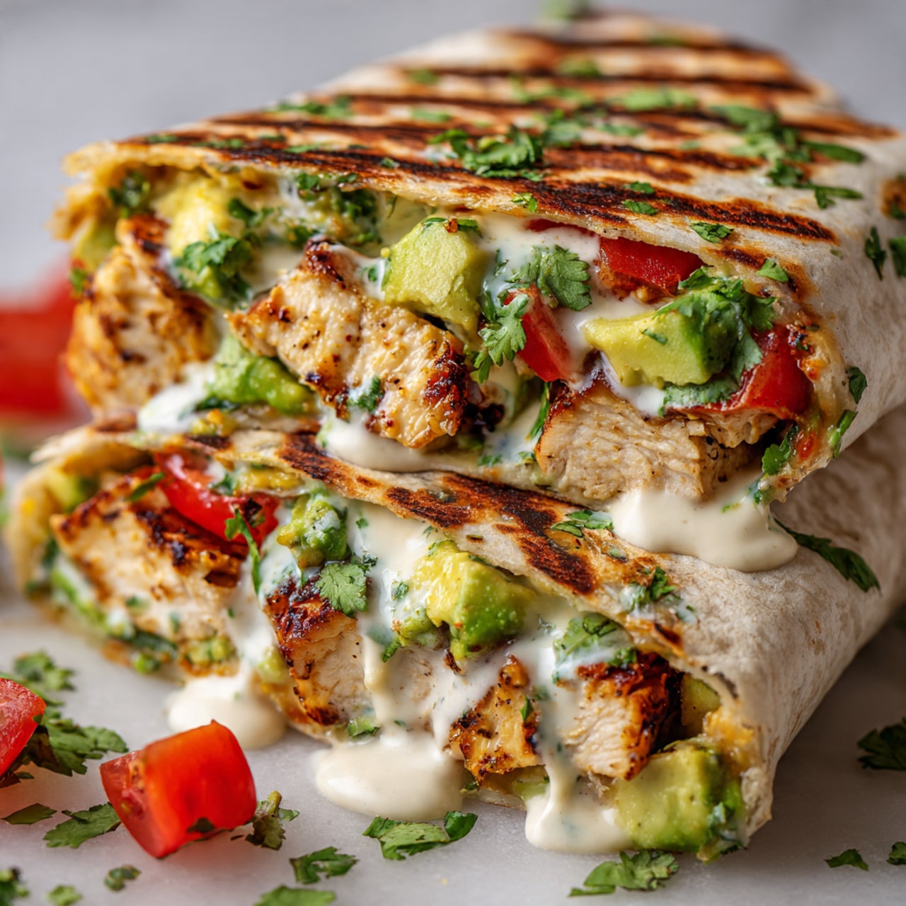 A close-up of a stack of two grilled wraps cut in half, placed on a white marbled surface. Each wrap shows three visible layers inside: golden grilled chicken pieces with slightly charred edges in the center; bright green avocado chunks above and below the chicken; fresh green cilantro leaves scattered between the other layers. White sauce, creamy and smooth, drips out from between the layers, adding a shiny texture. The outer wrap is a light beige color with dark grill marks. Bright red diced tomatoes and cilantro leaves are scattered around the wraps on the surface. Photo taken with an iphone --ar 4:5 --v 7