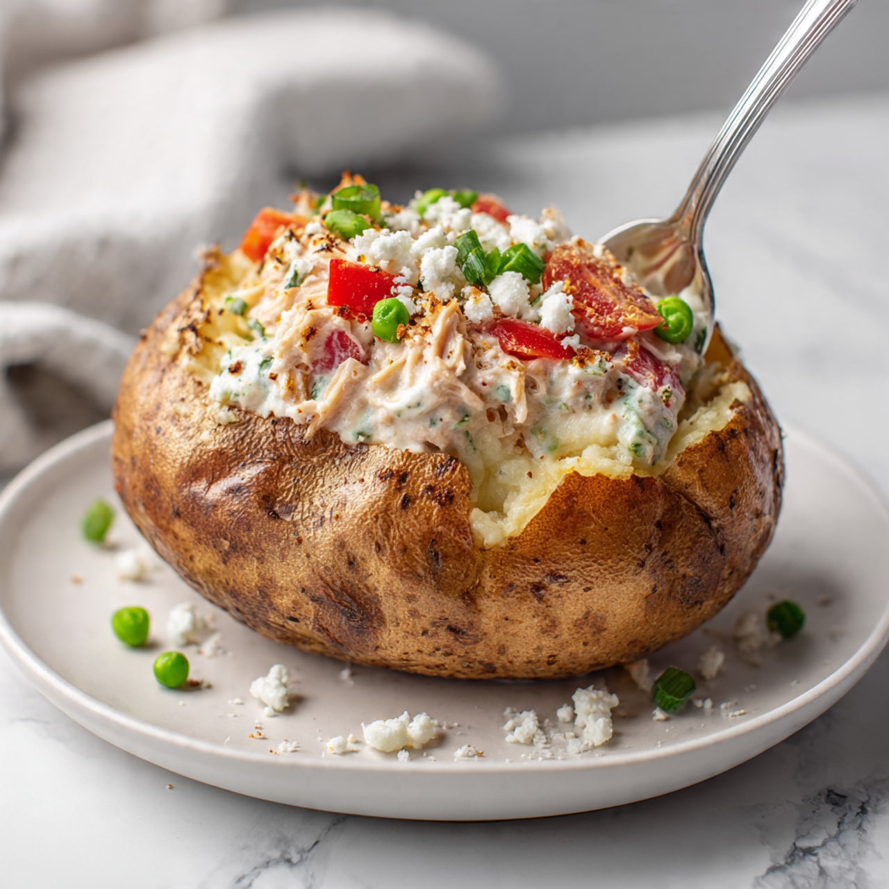 A large baked potato with a crispy brown skin sits in the center of a white plate on a white marbled surface. The potato is split open and filled with a creamy mixture of tuna and mayonnaise, topped with crumbled white cheese. Around the potato, there are pieces of red tomato slices and small green peas, adding color contrast. A silver spoon is stuck into the filling from the top. Photo taken with an iphone --ar 4:5 --v 7