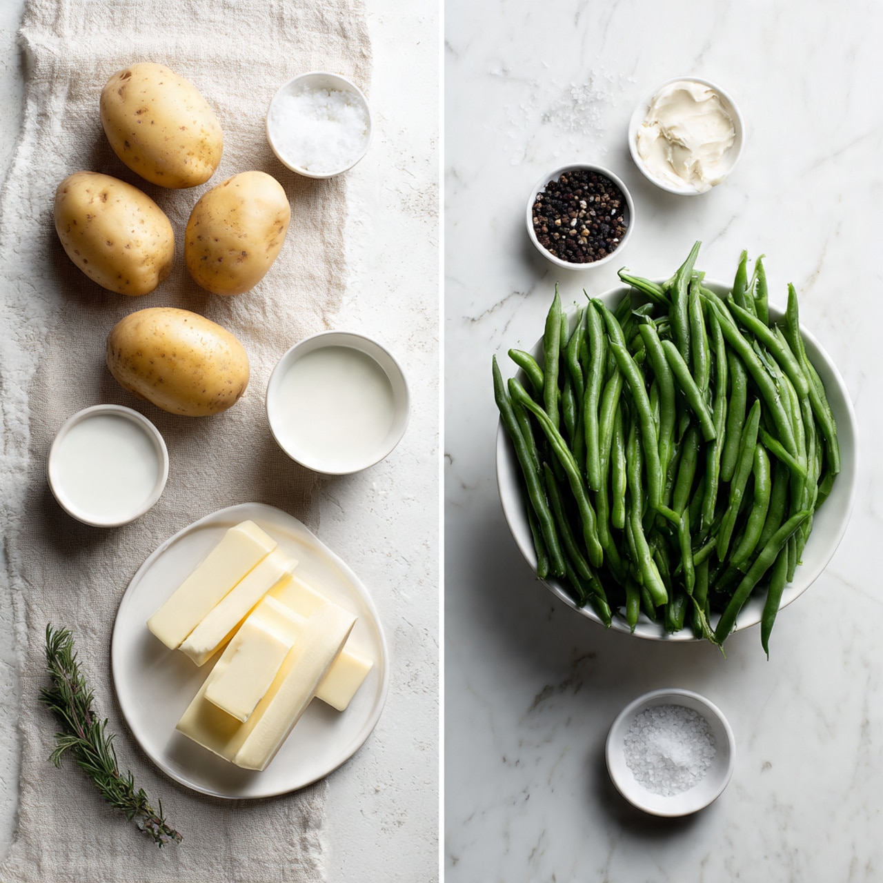 The image shows two side-by-side scenes of fresh ingredients on a white marbled texture. On the left, there are four light brown potatoes placed on a soft textured cloth along with a small white dish of salt, a small white bowl of cream, a small white bowl of milk, and a white plate with several slices of butter and a spoon full of black pepper. On the right side, a mound of fresh green beans fills a white bowl, sitting on the white marbled surface with a small white dish of salt below it. The colors are natural and soft, giving a fresh and clean feeling. Photo taken with an iphone --ar 4:5 --v 7