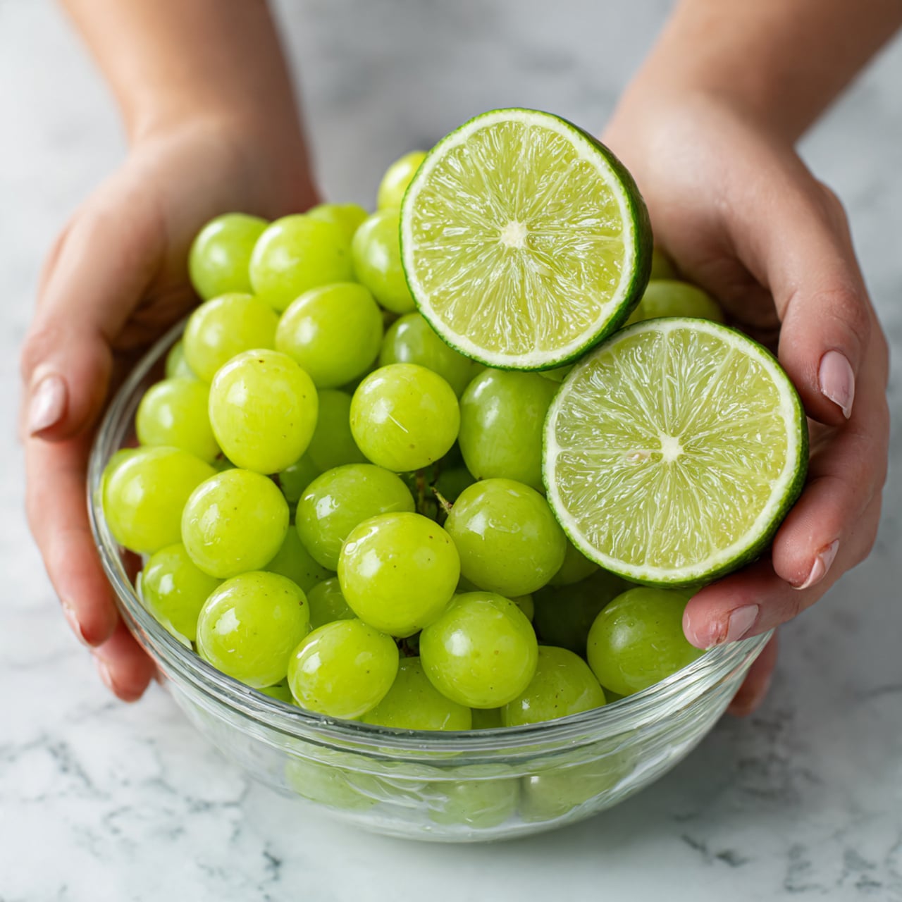 A clear glass bowl filled with bright green grapes sits on a white marbled surface. Above the bowl, a woman's hands hold two halves of a freshly sliced lime, showing the light green inside with visible segments and a slightly glossy texture. The lime halves are positioned close to each other and the woman's fingers gently hold them, highlighting the fresh juicy look of the fruit. Photo taken with an iphone --ar 4:5 --v 7