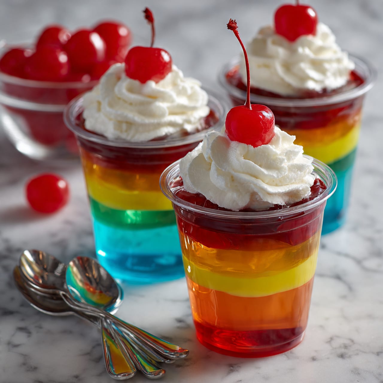 The image shows three clear plastic cups filled with six colorful layers of jelly stacked evenly from bottom to top: bright blue, green, yellow, orange, red, and a dark red layer at the top. Each cup is topped with a swirl of white whipped cream, crowned by a single bright red cherry. The cups are placed on a white marbled surface, with three shiny silver spoons laid in front, and a small glass bowl filled with extra cherries blurred in the background. The overall feel is bright and fresh with smooth textures and vivid colors, photo taken with an iphone --ar 4:5 --v 7