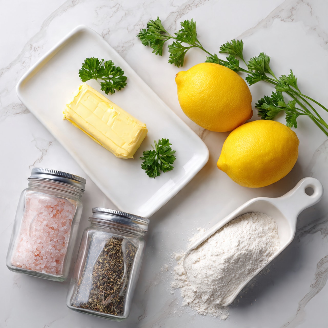 The image shows a white rectangular plate with a small block of yellow butter and some green parsley leaves on the top left. Below the plate on the white marbled surface, there are two whole bright yellow lemons placed next to each other. On the bottom left, there are two clear glass jars with silver lids, one containing pink salt and the other filled with black pepper. To the right of the jars, there is a small white metal scoop filled with white flour. The whole scene has a clean, simple look with soft light. photo taken with an iphone --ar 4:5 --v 7
