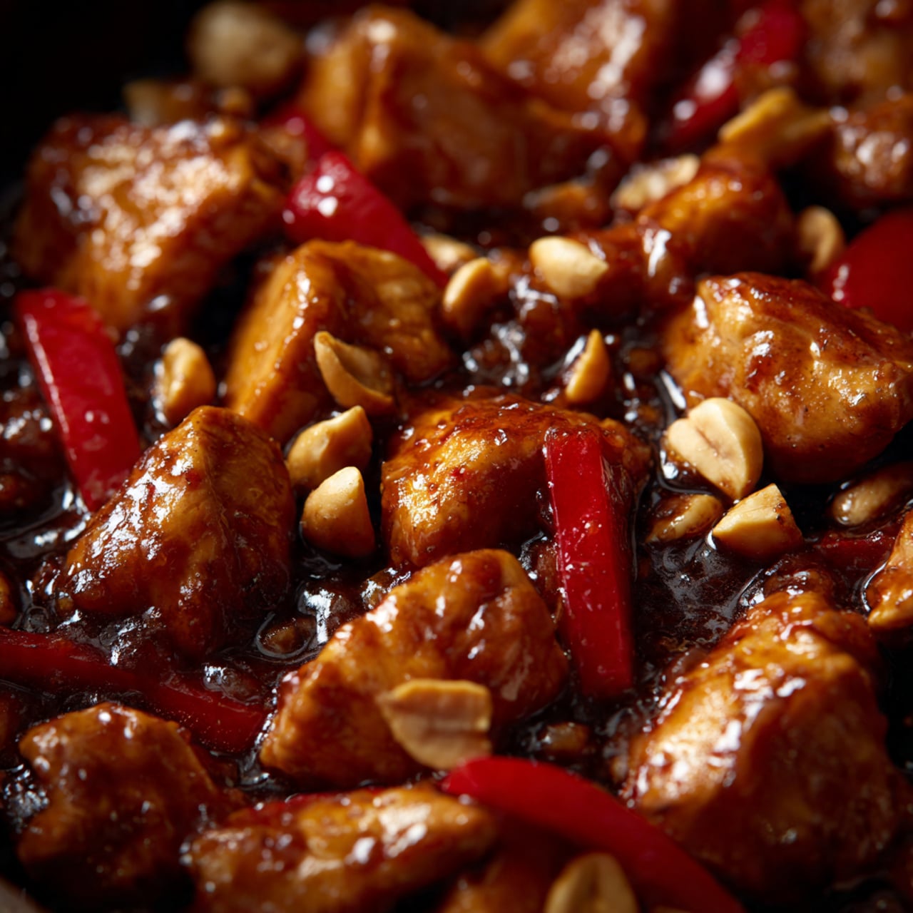 This close-up image shows pieces of cooked chicken in a dark brown glossy sauce. The chicken pieces are golden to deep brown with a slightly shiny, sticky look, mixed with thin, long slices of red bell pepper and small whole peanuts. The sauce looks thick and rich, filling the spaces around the chicken, peppers, and peanuts, creating a layered texture of tender meat and crunchy nuts covered in a shiny, dark glaze. Photo taken with an iphone --ar 4:5 --v 7
