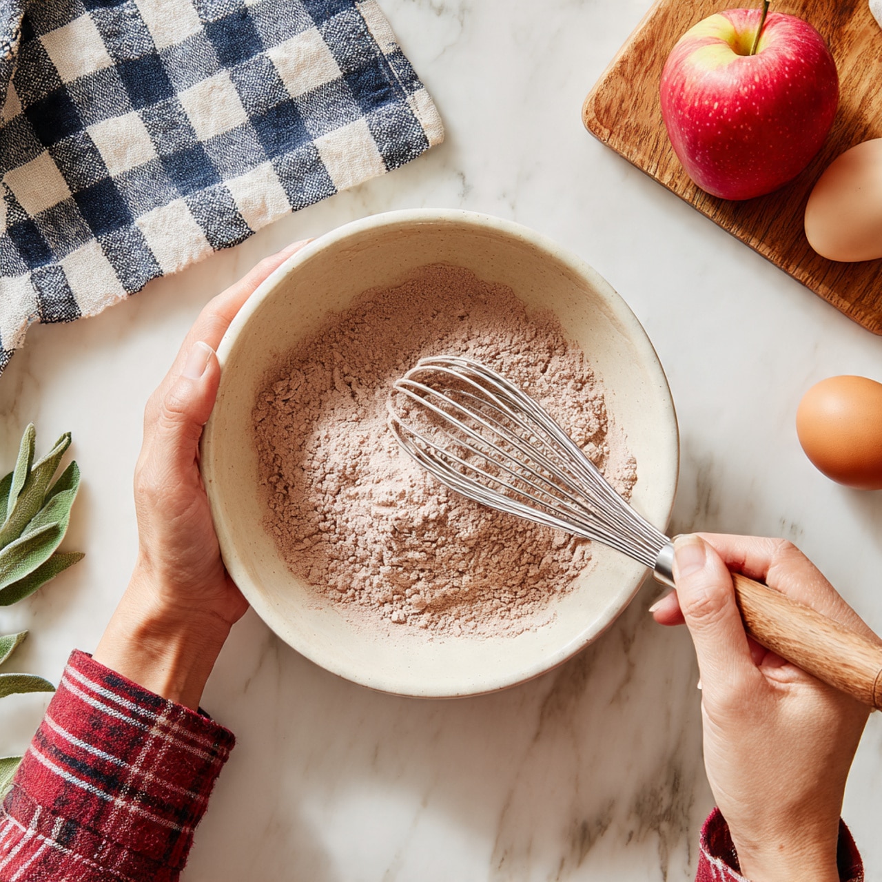A woman's hand is holding a white bowl with a rough light brown base, and inside the bowl is a dry mix of light and dark brown powder. Another woman's hand is holding a metal whisk with a shiny handle stirring the mix. The scene includes a red and yellow apple on a wooden board, a blue and white checkered cloth on the person wearing a check shirt, and a couple of eggs and green leaves on a white marbled surface. Photo taken with an iphone --ar 4:5 --v 7
