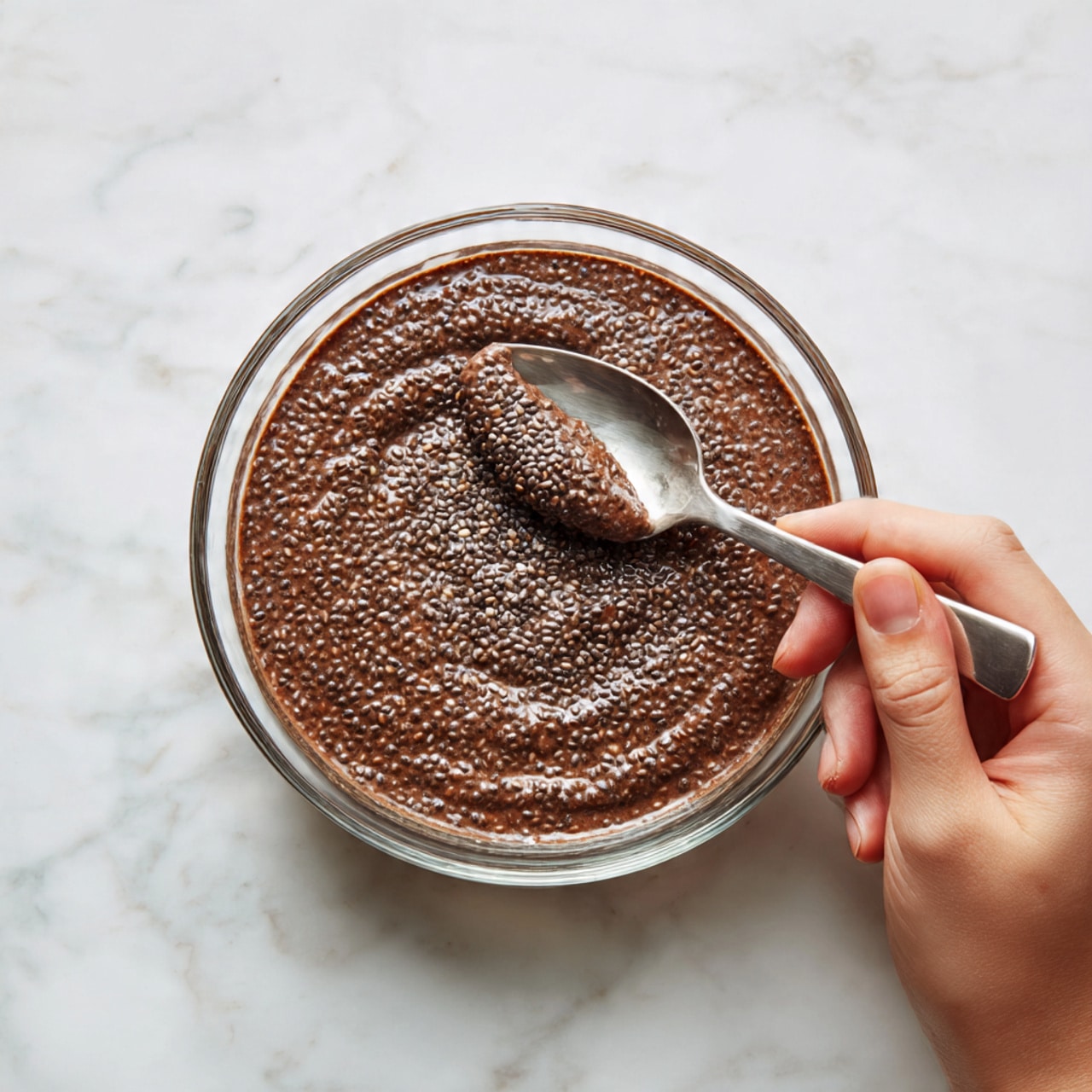 A clear glass bowl filled with a thick, chocolate-colored chia seed pudding showing the small, textured chia seeds spread evenly throughout the creamy mixture; a woman's hand holds a silver spoon scooping a portion of the pudding, highlighting its dense, slightly bumpy texture; the bowl is placed on a white marbled surface, adding contrast to the dark pudding; the image has a clean and simple look, focused on the pudding's texture and color photo taken with an iphone --ar 4:5 --v 7