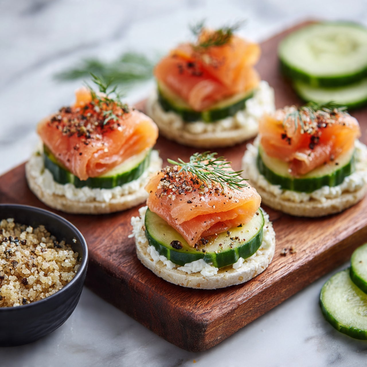 The image shows a close-up of several small, round canapés on a wooden board. Each canapé has three main layers: the bottom layer is a white, soft base spread with creamy white cheese; the middle layer is a round, green cucumber slice with darker green edges; the top layer is a folded, thin slice of bright orange-pink smoked salmon, sprinkled with black pepper and coarse sea salt. Small sprigs of fresh green dill are placed on top of the salmon. To the left side, there is a small black bowl filled with grainy mustard, and on the right side, some extra cucumber slices are scattered. The background is a white marbled texture. Photo taken with an iphone --ar 4:5 --v 7