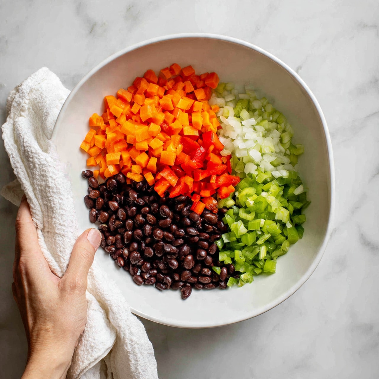 A white oval bowl sits on a white marbled surface, filled with four separate sections of ingredients. In the top right is a bright orange layer of diced carrots, next to it on the top left are reddish diced bell peppers. Below the peppers, black beans fill the bottom left section, appearing firm and shiny. The bottom right section has pale green chopped celery and to its left is a smaller area of finely chopped white onions. A woman's hand with a white cloth is holding the bowl on the left side. Photo taken with an iphone --ar 4:5 --v 7