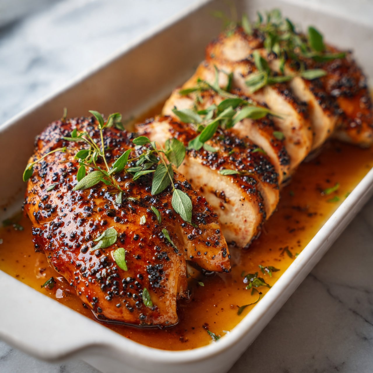 The image shows three cooked chicken pieces in a white rectangular dish, placed on a white marbled surface. One piece is whole with a dark golden brown, textured, grilled surface covered in small black pepper spots and a few green herb leaves on top. The second piece is sliced into six even pieces, showing a light, juicy inside with a crispy browned outside and has some green herb leaves scattered thinly on top. The third piece, only partially visible, also displays a browned grilled surface with small green herb leaves. A glossy, rich sauce pools at the bottom of the dish, giving it a flavorful shine. Photo taken with an iphone --ar 4:5 --v 7