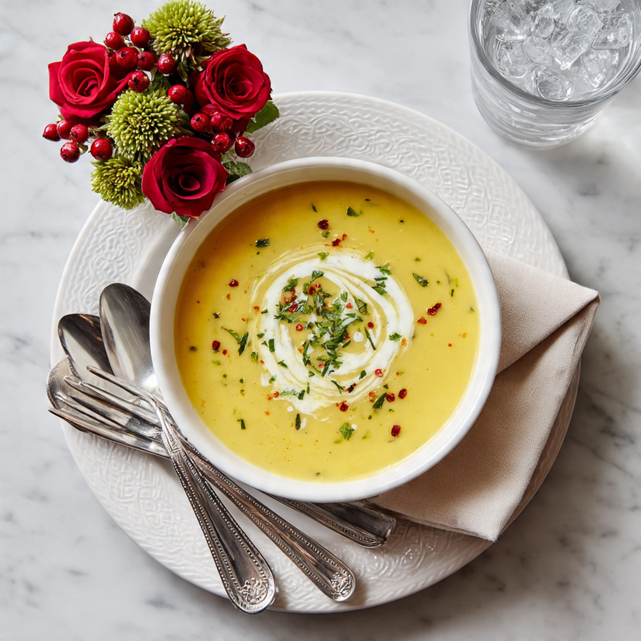 A bowl of creamy yellow soup sits in the center on a folded beige napkin inside a white bowl, which is placed on a larger white plate with a delicate textured edge. The soup is topped with a swirl of white cream and sprinkled with small green herbs and a few red pepper flakes. Around the bowl, there is a silver fork on the left, and a silver knife on the right. To the upper right, a clear glass filled with ice water reflects light softly. At the top center of the scene, a small bouquet of red roses, green flowers, and red berries adds bright color to the white marbled surface. Two silver spoons with a decorative pattern lie above the main plate photo taken with an iphone --ar 4:5 --v 7
