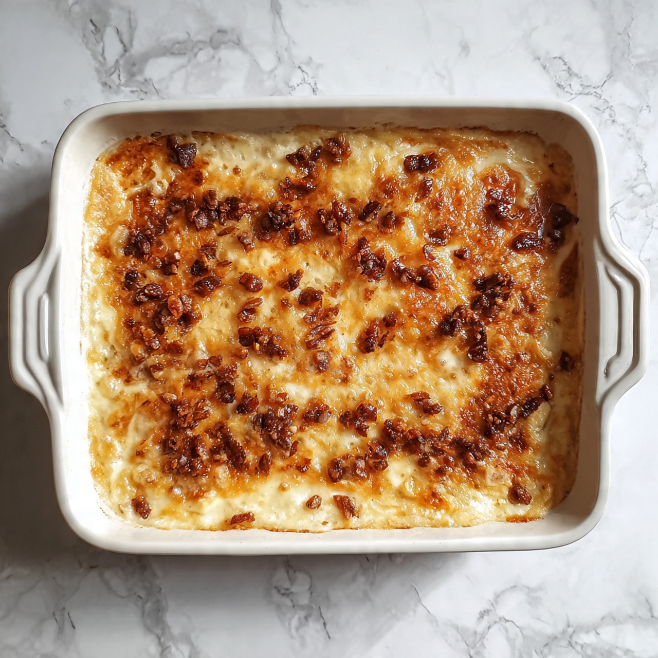 The image shows a baked dish in a white rectangular ceramic dish with handles. The top layer is golden brown with small, browned crispy bits scattered across the surface, adding texture. The dish looks thick and creamy underneath the browned top, filling the dish evenly. The background is a white marbled texture. Photo taken with an iphone --ar 4:5 --v 7