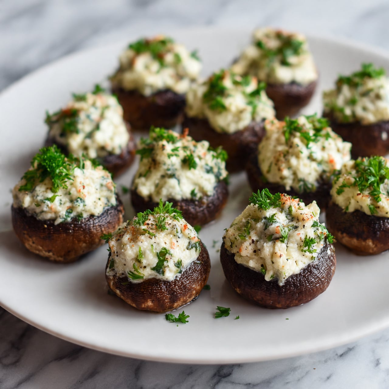 The image shows a white plate filled with nine stuffed mushrooms arranged neatly in rows. Each mushroom cap is dark brown and glossy, with a generous creamy white filling piled on top, dotted with small green herb pieces, likely parsley, and orange bits that add color contrast. The texture of the filling looks soft and slightly crumbly with a light sprinkling of seasoning visible. The plate sits on a white marbled surface. Photo taken with an iphone --ar 4:5 --v 7