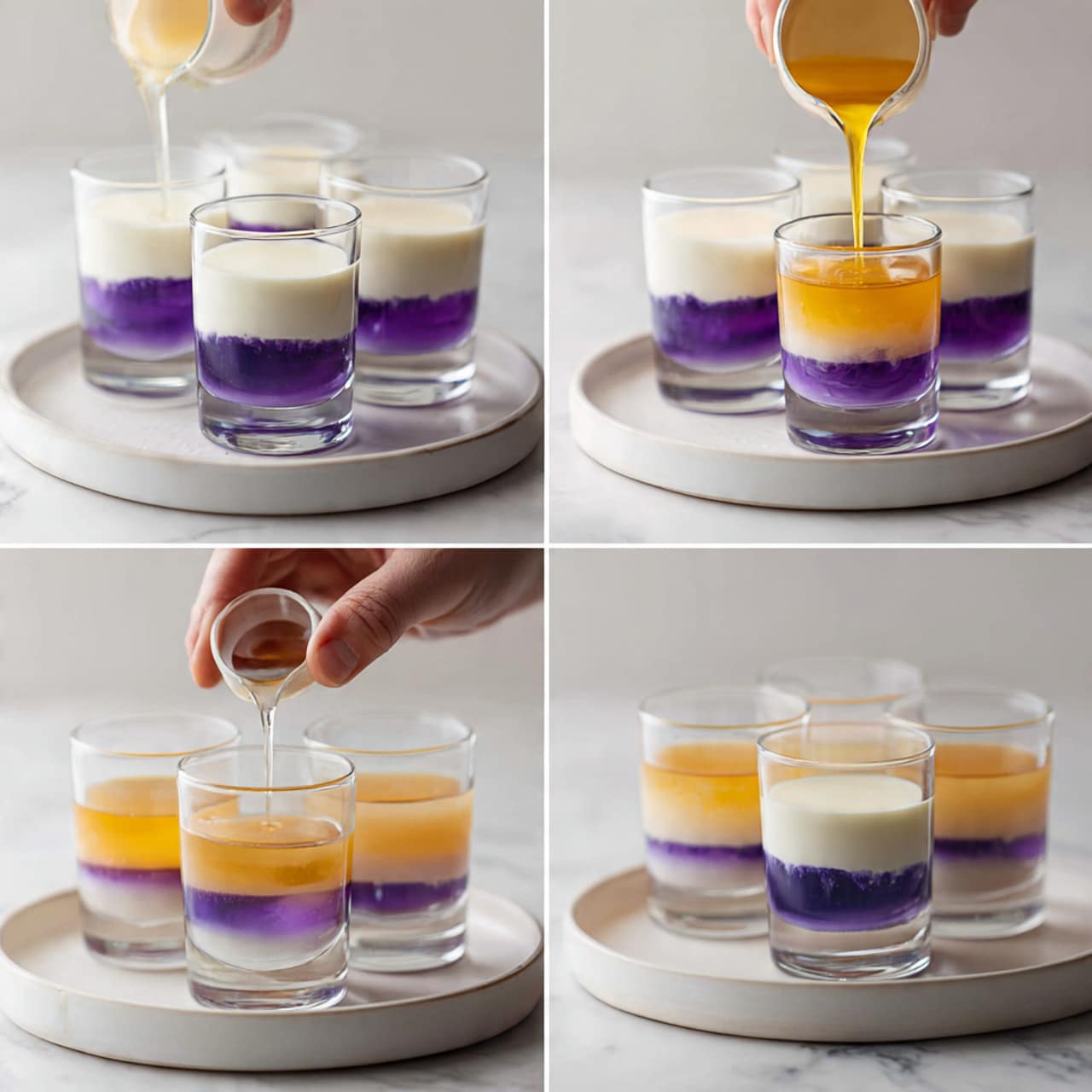 The images show the making of a layered dessert in clear glass cups placed on a white marbled surface. First, there is a layer of purple jelly with a smooth and shiny texture filling the bottom of each cup. Next, a creamy white layer with a thick and smooth texture is gently poured on top of the purple layer, covering it evenly. In the last step, a golden-yellow liquid is carefully added on the top, forming a thin, glossy layer that contrasts with the white layer below. The cups are arranged in a white plate and a woman's hand is seen pouring the liquid in some of the steps. The whole scene is bright and clean, focusing on the clear glass cups and the neat layers inside them. photo taken with an iphone --ar 4:5 --v 7