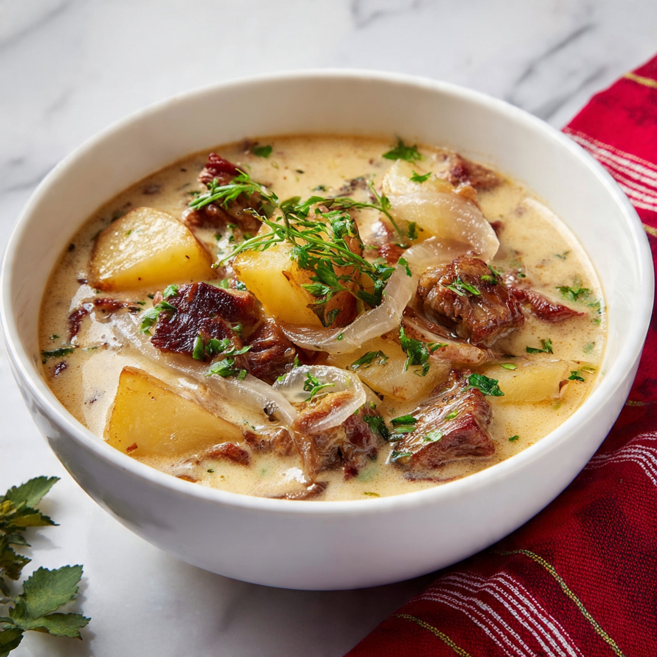 The image shows a bowl of creamy soup with several visible layers. The first layer is the light brown creamy broth that fills most of the bowl. On top of this broth, there are medium-sized chunks of browned potatoes with a slightly rough skin texture, and pieces of tender, cooked meat in dark brown color. There are also translucent slices of soft onions mixed in. A few sprigs of fresh green herbs are placed on top as garnish. The bowl is white and sits on a white marbled surface with some green leaves and a red cloth with white stripes nearby. Photo taken with an iphone --ar 4:5 --v 7
