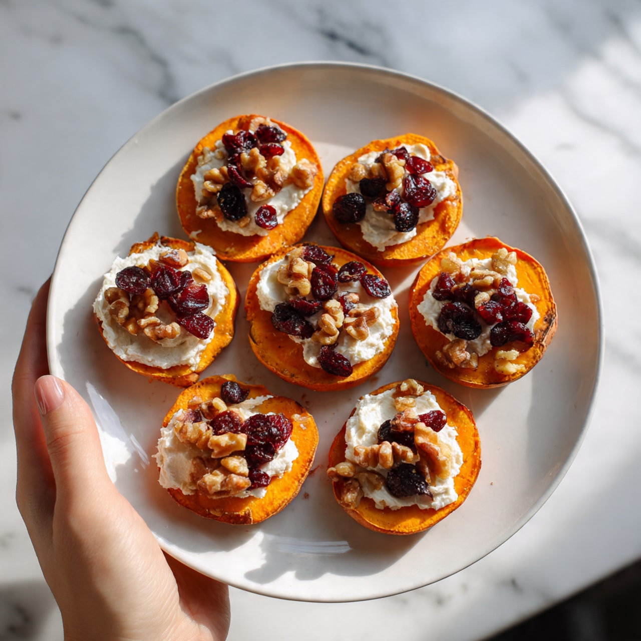 The image shows seven round slices of cooked sweet potato arranged on a white plate, placed on a white marbled surface. Each sweet potato slice is orange and soft-looking, topped with a creamy white spread. On top of the spread, there are small pieces of brown walnuts and dark red dried cranberries, creating a textured and colorful layer. A woman's hand is in the background, holding the edge of the plate. The lighting is natural, highlighting the bright colors of the dish. Photo taken with an iphone --ar 4:5 --v 7