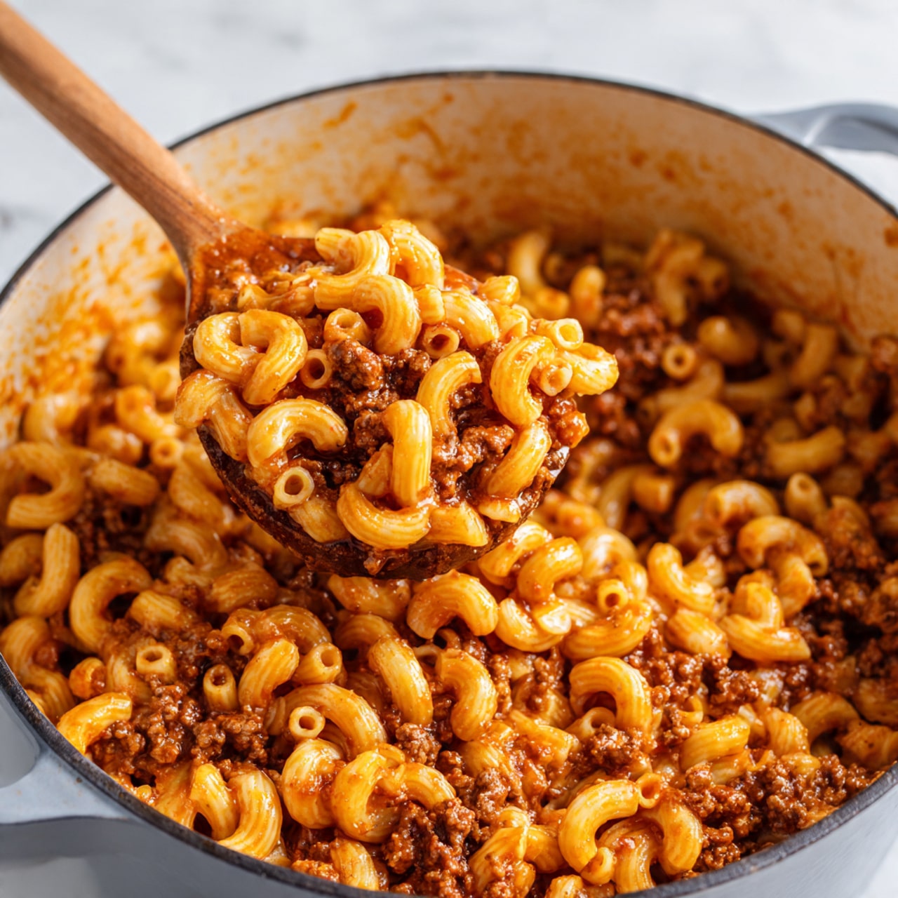 This image shows a close-up of a large pot filled with cooked elbow macaroni mixed with ground beef in a rich reddish-orange sauce. A wooden spoon is lifting some of the pasta and meat mixture from the pot, showing the thick, smooth texture of the sauce coating the pasta. The elbow macaroni are soft and tender, with some pieces showing a slightly glossy shine from the sauce. The ground beef is crumbly and dark brown, evenly spread throughout the dish. The pot's edge is dark and slightly worn. The background surface is a white marbled texture. Photo taken with an iphone --ar 4:5 --v 7