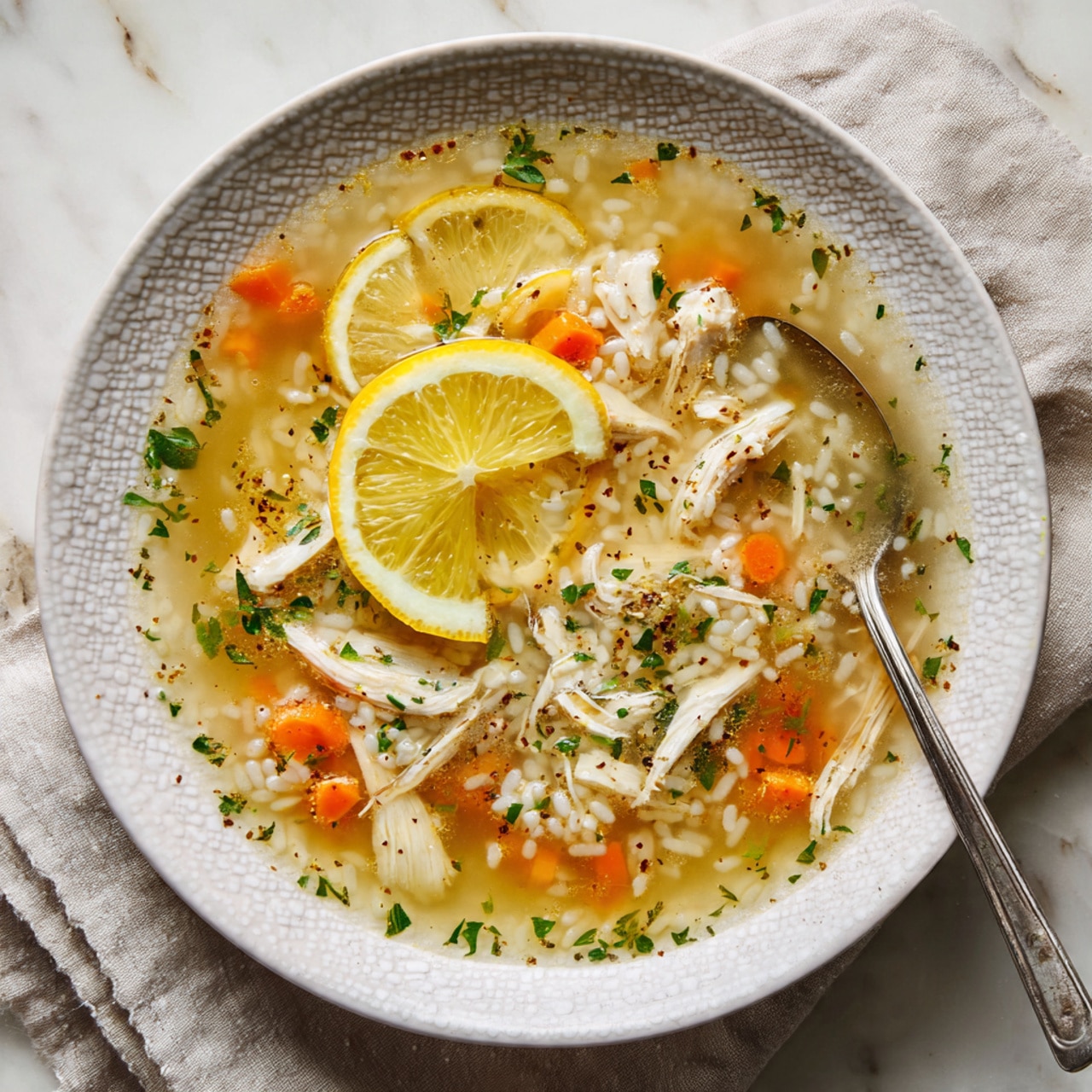 A bowl of chicken soup with clear broth filled with shredded white chicken pieces, small orange carrot slices, and bits of green herbs scattered on top. Two thin lemon slices rest on the surface in the middle, adding a bright yellow touch. The soup shows light oil droplets and small rice grains floating around. The bowl is white with a textured grey rim, resting on a neutral cloth over a surface with white marbled texture. A metal spoon is partially dipped into the soup on the right side. Photo taken with an iphone --ar 4:5 --v 7