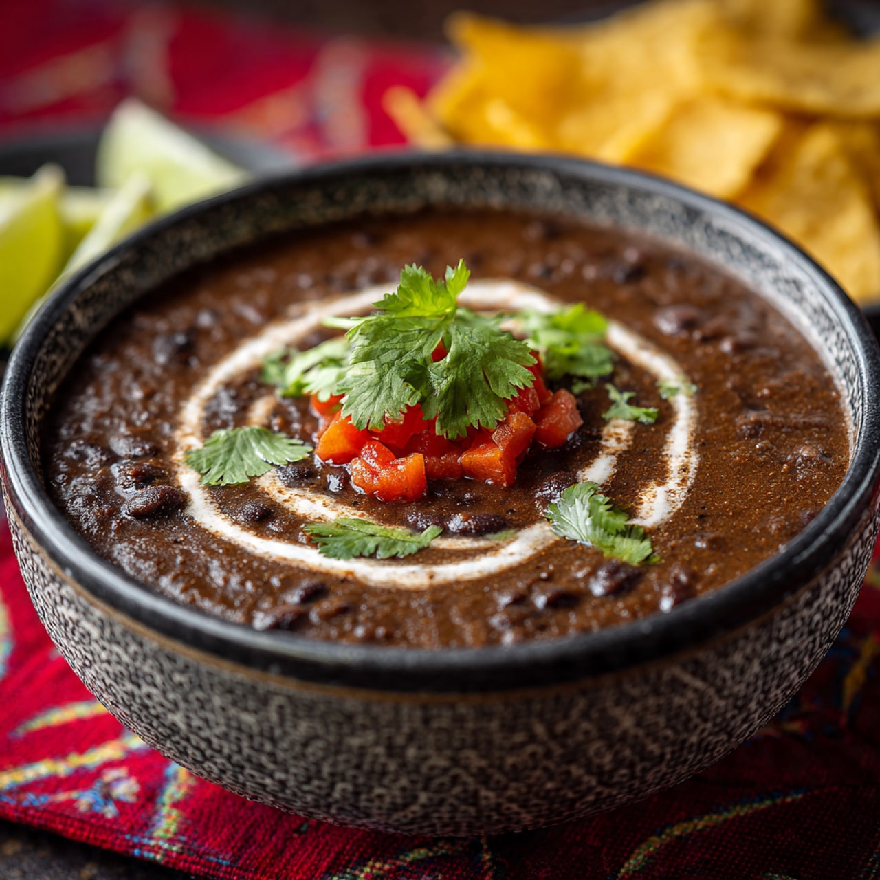 The image shows a bowl with thick, dark brown soup filled with black beans spread evenly across the surface. In the middle of the soup, there is a creamy white swirl along with a small pile of diced red tomatoes, garnished with green cilantro leaves scattered on top. The bowl has a black and gray textured rim and is placed on a white marbled surface with a red patterned cloth underneath. Part of a lime wedge and some yellow tortilla chips are visible in the background. Photo taken with an iphone --ar 4:5 --v 7