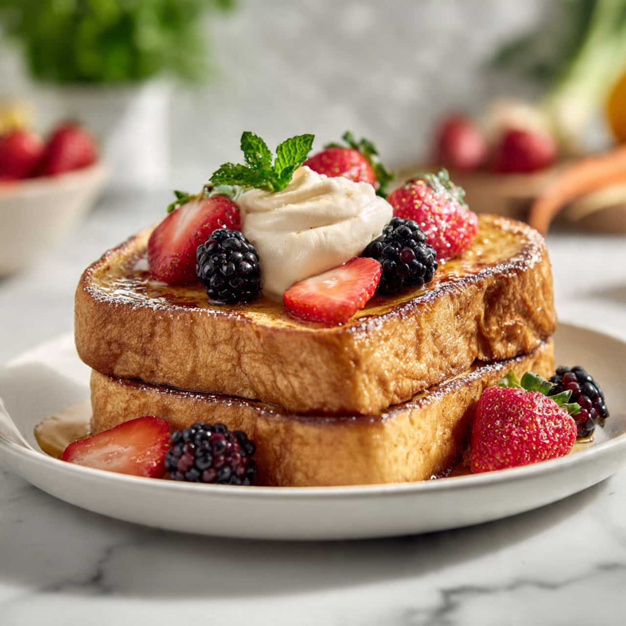 The image shows two thick slices of French toast stacked on top of each other on a white plate, with a slightly crispy, golden-brown crust and soft centers. On top, there are fresh sliced strawberries and blackberries arranged around a dollop of creamy, light beige whipped topping. The background is a white marble surface with some blurred vegetables and kitchen items visible. A woman's hand is holding the plate on one side. Photo taken with an iphone --ar 4:5 --v 7