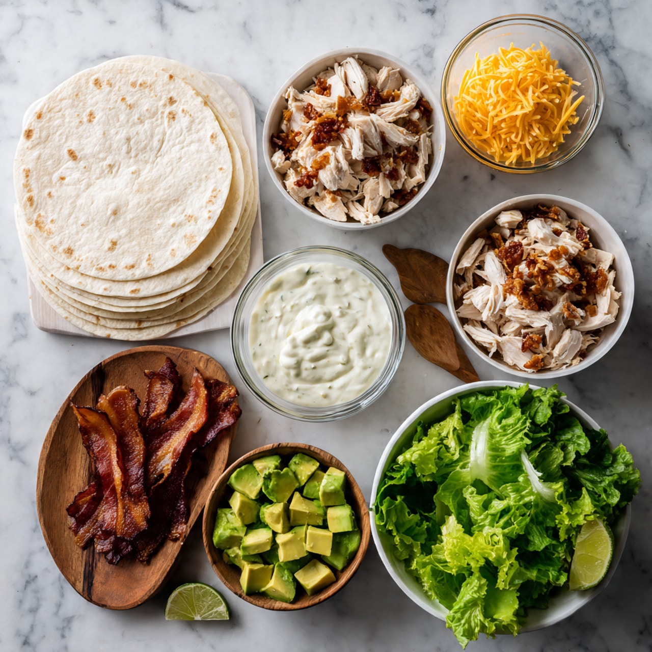 The image shows ingredients for a wrap arranged neatly on a white marbled surface. There are four soft white tortillas stacked on the left side. Nearby, there are small white glass bowls filled with chopped cooked chicken, shredded orange cheese, and more cooked chicken mixed with small pieces of bacon. Two dips or sauces, creamy and white in color, are in glass bowls. There is a small wooden plate with crispy strips of cooked bacon, and two limes, one whole and one cut in half, placed beside it. A wooden bowl holds diced green avocado, and a larger white glass bowl is filled with fresh green leafy lettuce. The colors are bright and fresh, showing yellow, green, brown, and white tones. photo taken with an iphone --ar 4:5 --v 7