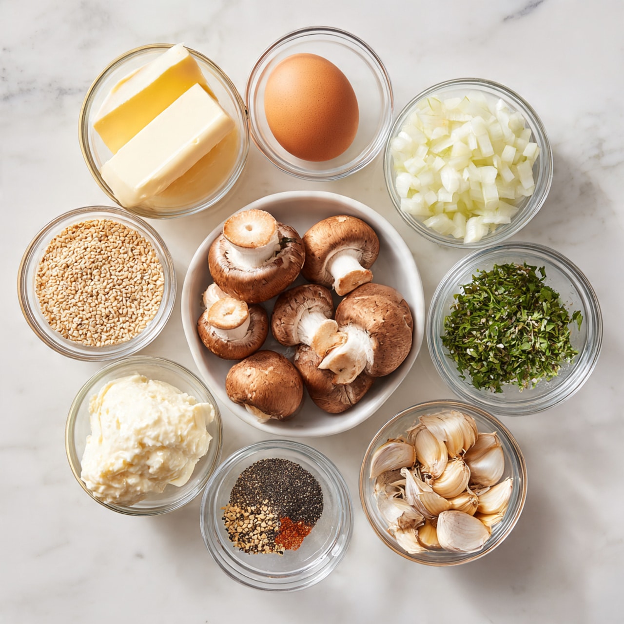 There are nine small clear glass bowls arranged in a round shape on a white marbled surface. The top center bowl holds whole brown mushrooms with white edges visible. To the top right, a bowl contains chopped white onions. Next, moving clockwise, a bowl with chopped green herbs is placed. Below that, a bowl with a single brown egg is present. To the bottom center, a bowl contains a peeled garlic clove. Moving left, the next bowl has a mix of black and white pepper. Above that, a bowl with a light bread slice is seen. To the left, a bowl contains white sesame seeds. Finally, the top left bowl holds softened cream cheese. The image is bright with natural lighting. photo taken with an iphone --ar 4:5 --v 7