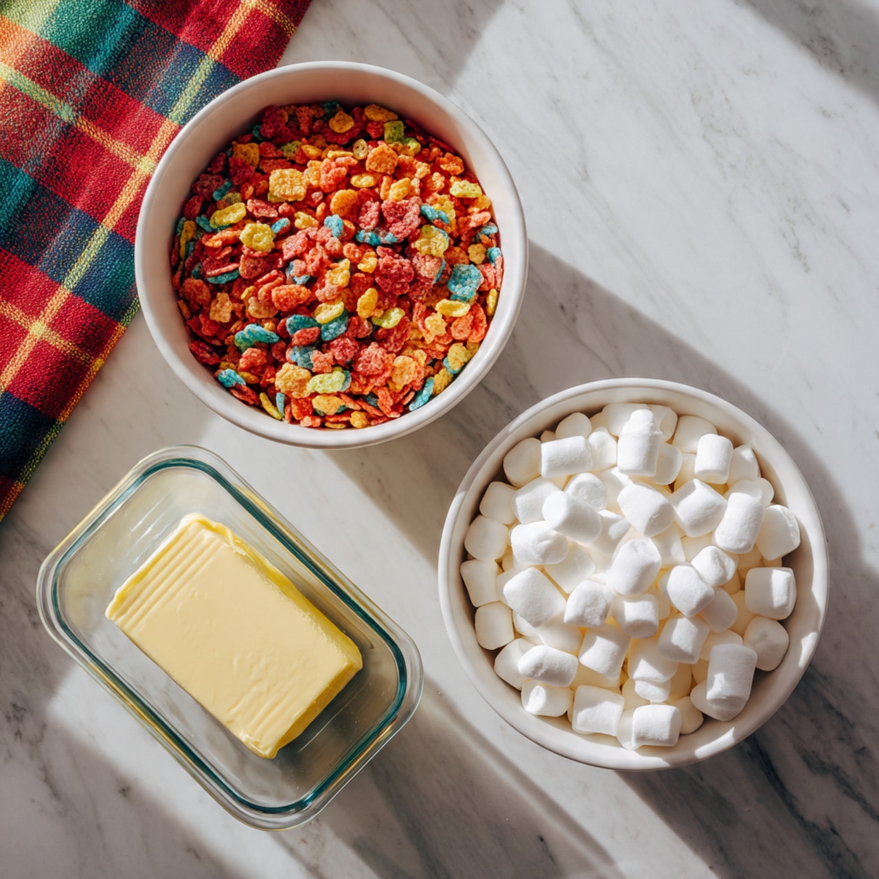 The image shows two white bowls placed on a white marbled surface. The top bowl is filled with small, colorful crunchy cereal pieces in red, orange, yellow, green, and blue, filling the bowl almost to the top with a rough texture. The bottom bowl contains many small, white, soft marshmallows with a smooth, pillowy look. Below the bowls, there is a rectangular glass butter dish with a pat of yellow butter inside, partly covered by the dish’s lid. To the left, a colorful plaid cloth with red, green, and yellow stripes is partially visible. The bright lighting highlights the textures and colors clearly. Photo taken with an iphone --ar 4:5 --v 7