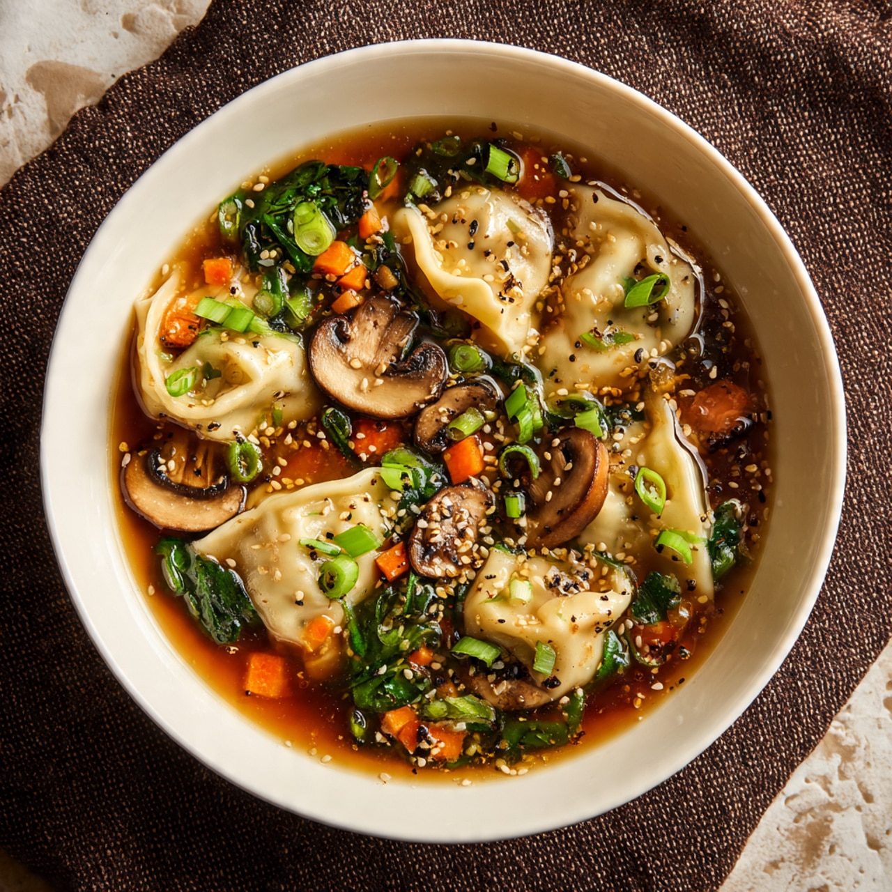 A white bowl filled with clear brown broth holds several light beige dumplings floating on the surface. Bright green spinach leaves and small chopped green onions are scattered evenly throughout, adding vibrant color. Orange carrot cubes and sliced brown mushrooms with white stems are mixed in, with the mushrooms showing a slight shine from the broth. Small bits of sesame seeds and herbs float gently on top. The bowl sits on a textured dark brown cloth with a white marbled surface in the background. Photo taken with an iphone --ar 4:5 --v 7