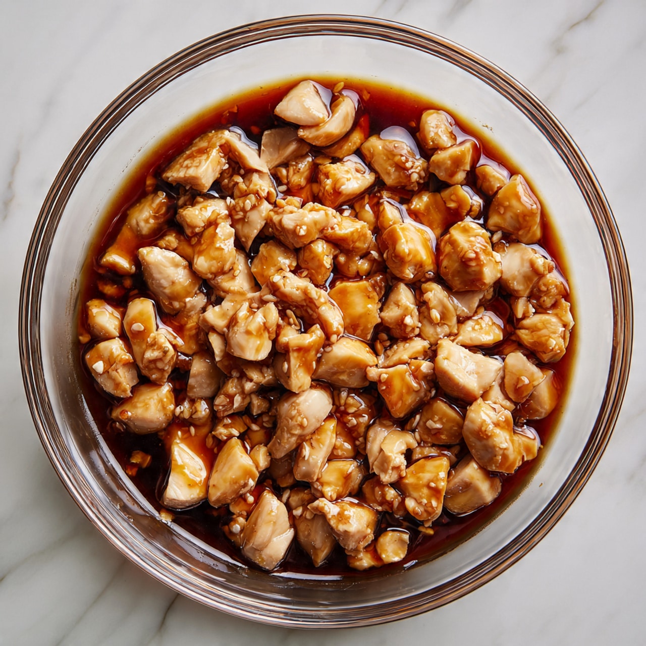 A close-up view of a clear glass bowl filled with small, light brown pieces of raw chicken marinating in a dark brown sauce. The chicken pieces have a moist and slightly shiny texture, with some parts showing a bit of lighter, almost beige color, indicating freshness. The sauce pools at the bottom, evenly coating the chicken. The bowl rests on a surface with a white marbled texture, enhancing the contrast with the rich colors of the chicken and sauce. photo taken with an iphone --ar 4:5 --v 7