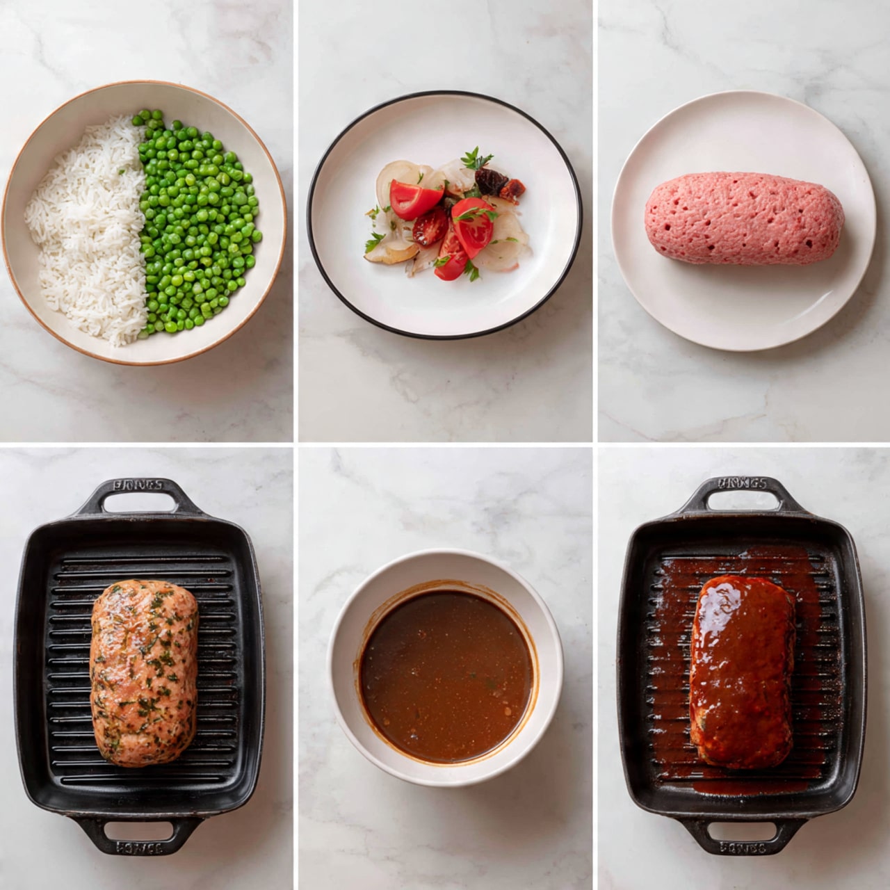 The sequence shows a cooking process starting with a white bowl holding white rice topped with green peas and a few slices of tomato and a red item. Next, a white plate holds a raw pink meatloaf shaped into an oval loaf. In the third image, the same pink meatloaf is inside a black grill pan. The fourth image shows a white bowl filled with brown sauce. The fifth image shows the meatloaf inside the black grill pan now browned and cooked on the outside. The last image shows the cooked meatloaf covered with thick brown sauce, still in the black grill pan. The background surface is a white marbled texture. photo taken with an iphone --ar 4:5 --v 7