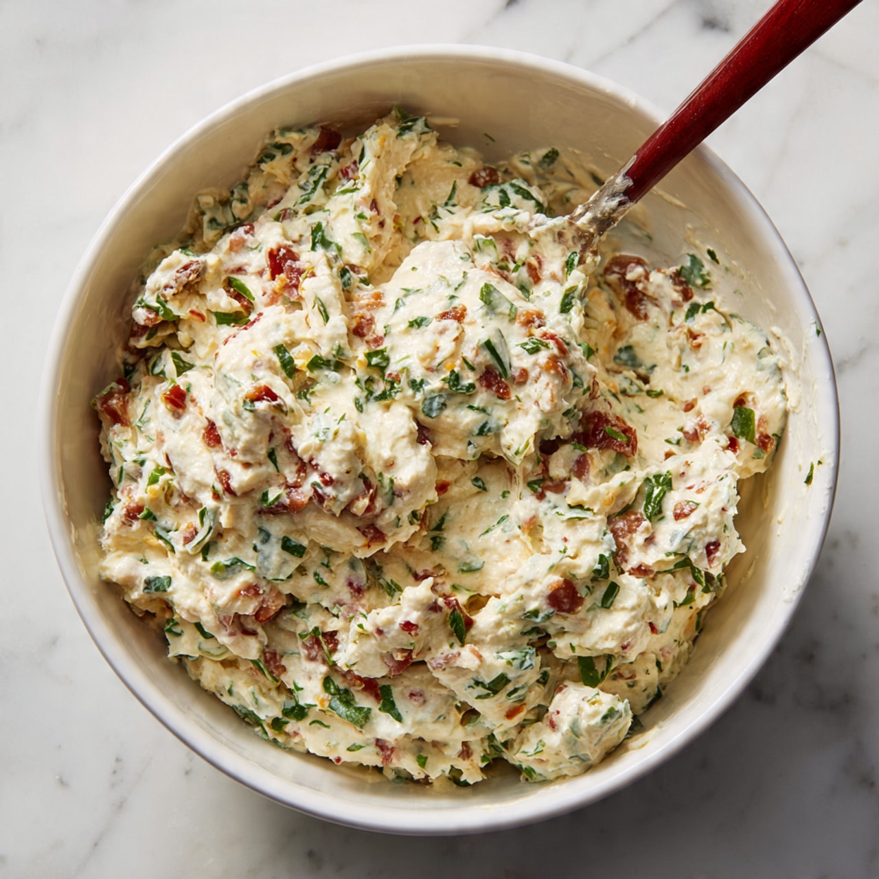 The image shows a close-up of a white bowl filled with a creamy mixture. The mixture appears thick and chunky with small pieces of green herbs, red specks, and bits of meat mixed evenly throughout. The texture looks soft and slightly rough, with a spoon inside the bowl that has a reddish handle. The bowl is placed on a white marbled surface. photo taken with an iphone --ar 4:5 --v 7