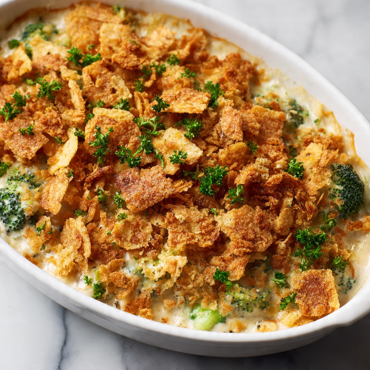 A close-up view of a creamy casserole in a white dish, topped with crunchy broken crackers scattered unevenly across the surface, giving a golden brown color with rough texture. Underneath the crackers, small green broccoli pieces peek through, adding patches of dark and light green. Fresh green parsley is sprinkled on top, providing small bright green dots for contrast. The creamy sauce base beneath is light beige, smooth, and fills the dish completely. The dish sits on a white marbled surface. photo taken with an iphone --ar 4:5 --v 7