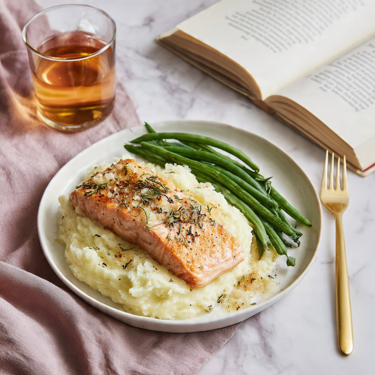 A white plate sits on a white marbled surface with a piece of cooked salmon on top of a layer of creamy mashed potatoes. The salmon has a crispy, browned top and is sprinkled with herbs and small bits of seasoning. Next to the salmon, there is a neat pile of green beans placed vertically along one side of the plate. To the right of the plate, a gold-colored fork rests on the surface. In the background, there is a glass of amber-colored drink and an open book with text, all on top of a soft, mauve-colored cloth. Photo taken with an iphone --ar 4:5 --v 7