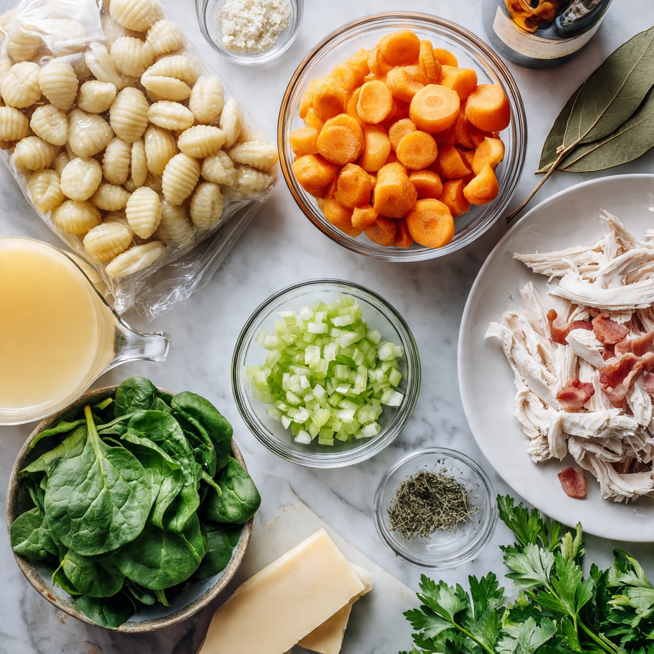 The image shows a flat lay of fresh cooking ingredients on a white marbled surface, including an open plastic bag of ridged potato gnocchi in the top center, a glass bowl full of bright orange carrot slices on the left, and another bowl with pale green chopped celery below it. Near the center are fresh green spinach leaves and a small clear bowl with dried herbs and a large bay leaf. A white plate on the right holds shredded pale cooked chicken, and next to it is a clear bowl with thick bacon slices. On the bottom left, there's a glass jug filled with light orange broth, a few slices of butter in front of it, and a clear bottle of cream on the right. Fresh green parsley leaves spread on the lower right side complete the array, with a wine bottle visible in the top left corner. photo taken with an iphone --ar 4:5 --v 7