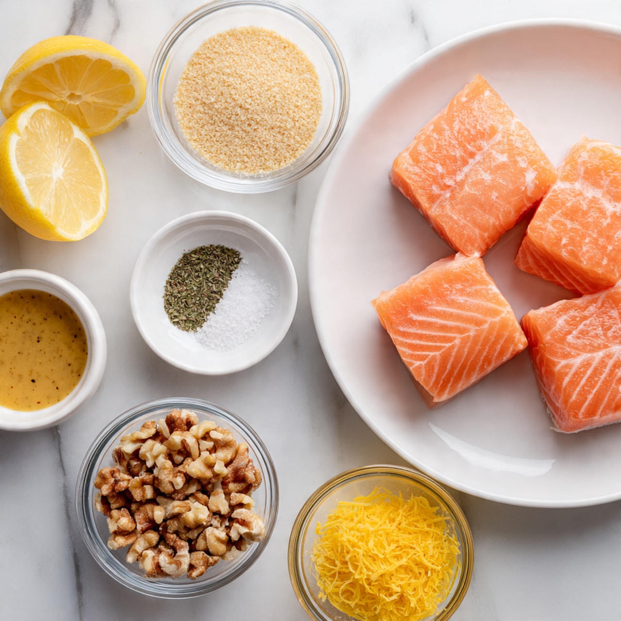 The image shows ingredients on a white marbled surface arranged neatly. In the top right, a white bowl holds four pieces of fresh pink-orange salmon with smooth, shiny texture. Surrounding it are small clear and white bowls with different ingredients: at the top center, a clear bowl with pale beige breadcrumb-like crumbs; to the left, two lemon wedges with light yellow color and juicy texture; below the lemon, a small white bowl with light tan salt and pepper mix; next to it, another small white bowl with green dried herbs; below these, a clear bowl with coarse chopped brown nuts; to the left of the nuts, a larger clear bowl with light brown mustard sauce with visible mustard seeds; last, a small clear bowl on the right side filled with bright yellow lemon zest. The setting is clean and bright, with all items placed separately for clear view. Photo taken with an iphone --ar 4:5 --v 7