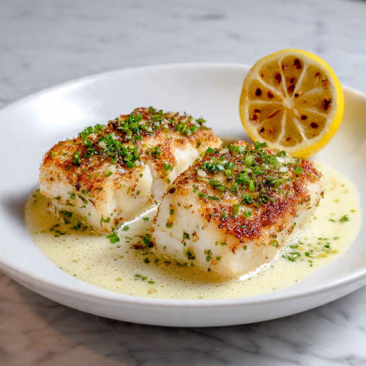 Two cooked fish fillets with a light golden-brown crust are placed side by side in the middle of a white plate. The fillets are garnished with small green chopped herbs, and there is a light frothy sauce around them. On the right side of the plate, there is a half lemon with visible seeds and a yellow peel. The plate sits on a white marbled surface. photo taken with an iphone --ar 4:5 --v 7