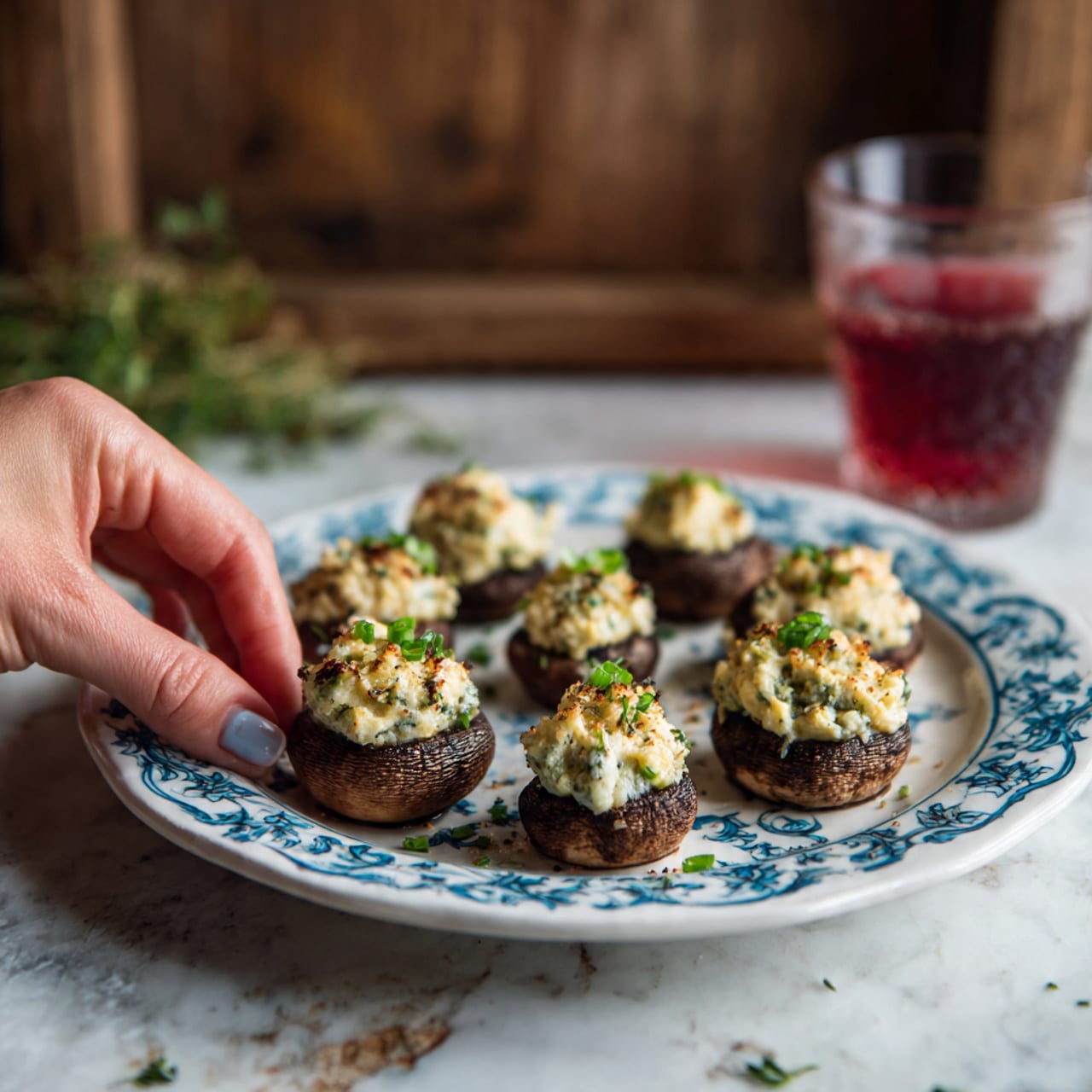 A white plate with blue decorative designs holds seven stuffed mushrooms arranged in a circle. Each mushroom has a dark brown base filled with a creamy, light beige mixture topped with small green herb pieces, adding a fresh touch. A woman's hand is gently picking up one stuffed mushroom from the front left side of the plate. The background shows a wooden table with some green herbs scattered around, and there is a glass of red drink slightly blurred in the top background. The surface beneath the plate is changed to a white marbled texture. Photo taken with an iphone --ar 4:5 --v 7