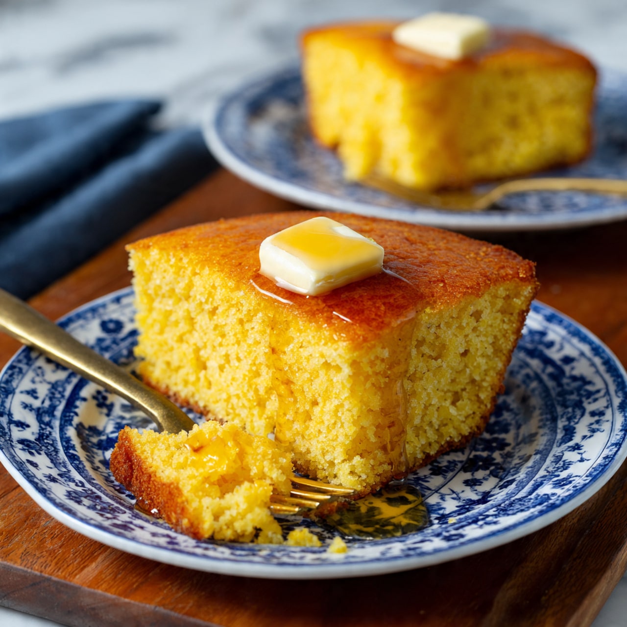 The image shows a thick slice of golden cornbread with a soft, crumbly texture on a white plate with blue patterns. The cornbread has a smooth, shiny top layer covered with a square of melting butter and drizzled with syrup. A small piece of the cornbread has been taken with a fork, lying in front of the slice. In the background, there is another similar plate with a larger portion of cornbread and a fork on it, placed on a wooden surface with a white marbled texture faintly visible around. Photo taken with an iphone --ar 4:5 --v 7