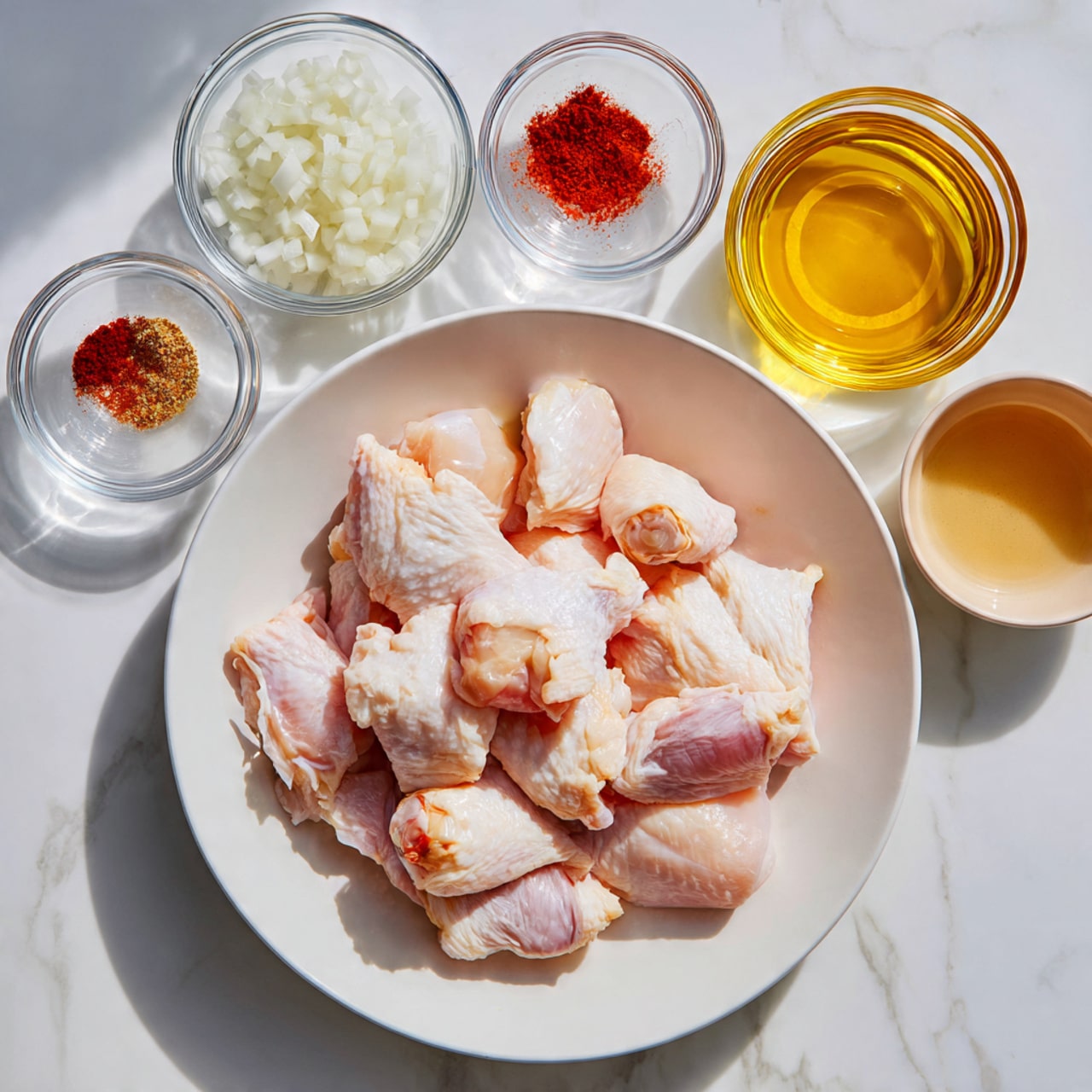 The image shows a white plate filled with raw chicken pieces that are light pink with smooth and slightly shiny skin. Around the plate, there are six small clear glass bowls containing different ingredients: one with white chopped onions, one with a small amount of red powder, one with a small amount of yellow liquid, one with light brown liquid, and two empty bowls with a beige interior. The plate and bowls are placed on a white marbled surface. The lighting is bright and natural. photo taken with an iphone --ar 4:5 --v 7