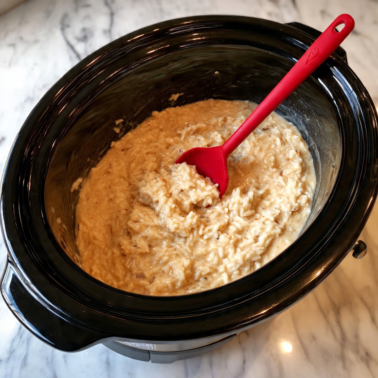A large black slow cooker filled with a thick, creamy rice dish that is light tan in color, slightly uneven in texture with visible grains, being stirred by a red spatula placed on the right side inside the cooker. The setting is a white marbled countertop. Photo taken with an iphone --ar 4:5 --v 7