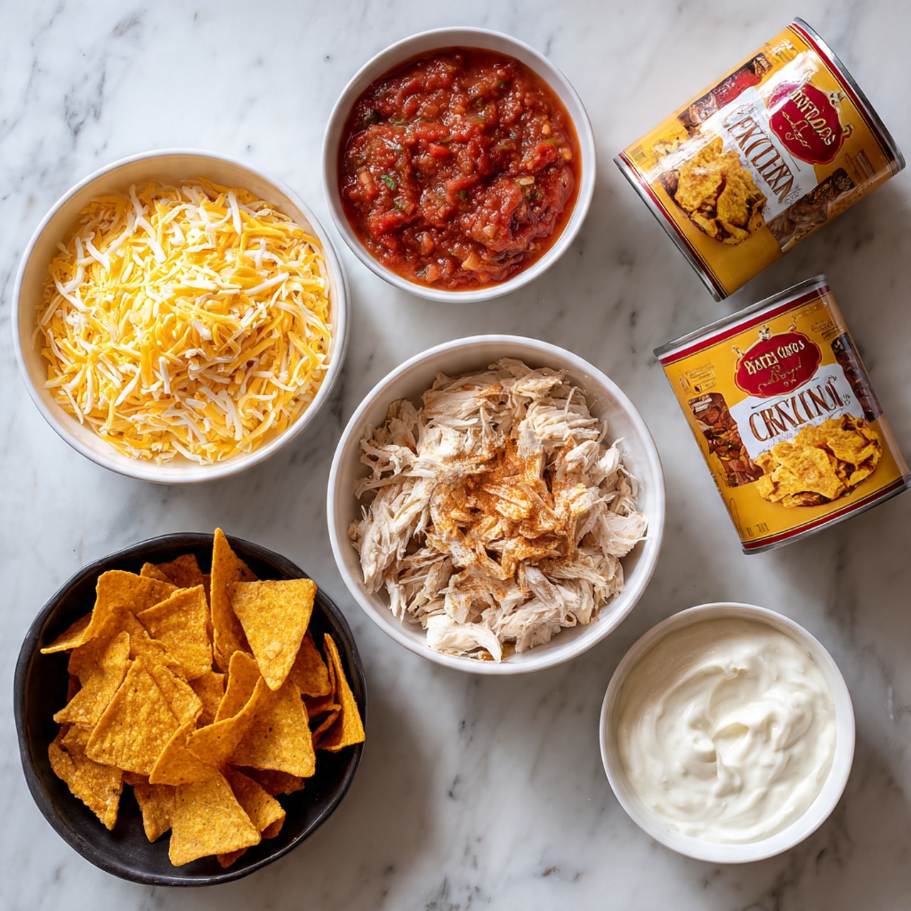 A collection of ingredients is displayed on a white marbled surface: a white bowl filled with shredded cheese, a white bowl with chunky red salsa, a white bowl holding shredded chicken topped with a light brown seasoning powder, a black bowl containing broken pieces of crispy orange tortilla chips, and a smaller white bowl with a creamy white sour cream-like sauce, plus two cans of cream of chicken soup with red and yellow labels are placed in the top right area, all arranged neatly with a clear contrast of colors and textures photo taken with an iphone --ar 4:5 --v 7