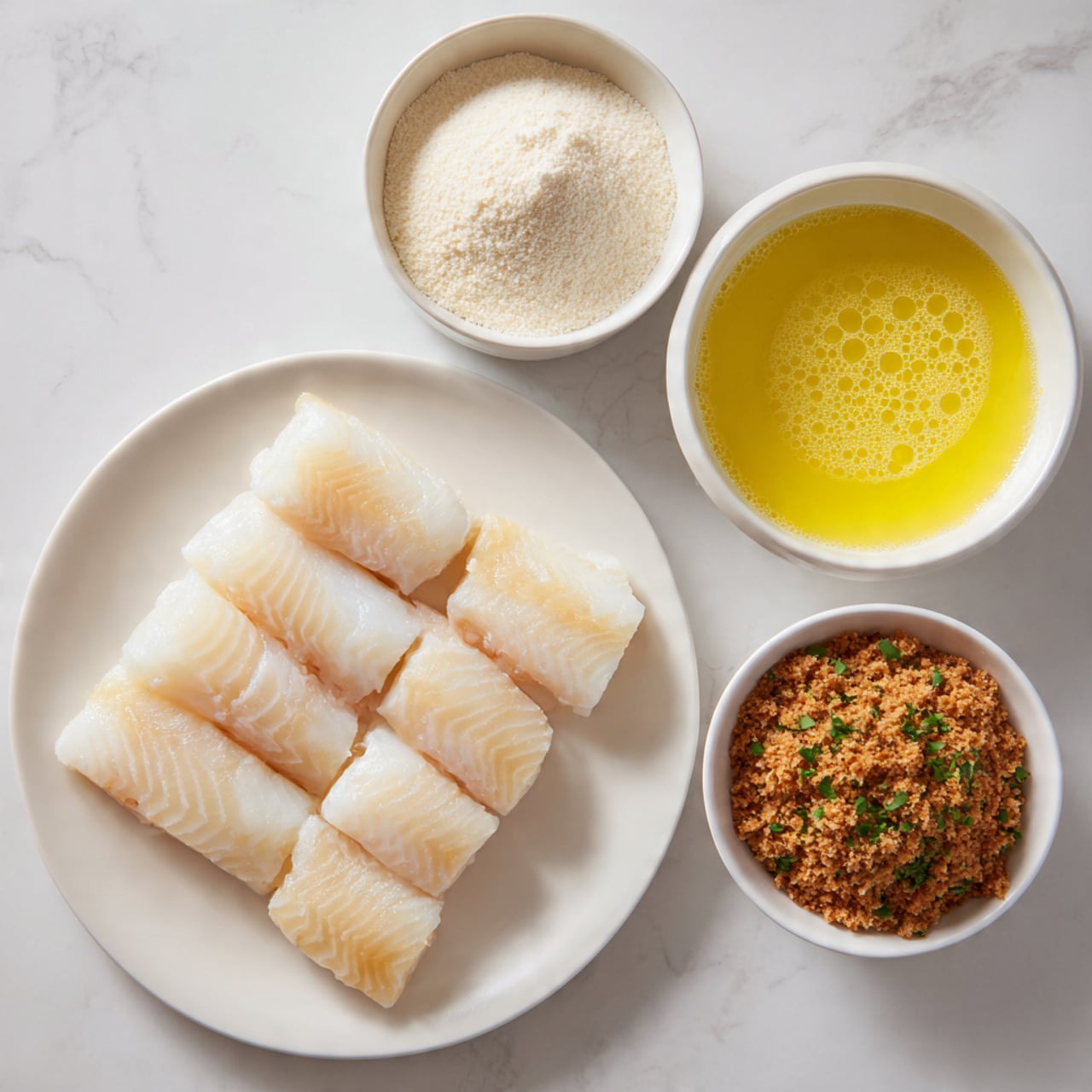 The image shows a white plate with six pieces of raw white fish fillets laid side by side in a single layer. Above the plate, there are three white bowls arranged horizontally on a white marbled surface. The left bowl contains white flour, the middle bowl has a yellow beaten egg mixture with small bubbles, and the right bowl holds brown bread crumbs with green herbs. The overall scene is bright and clean with a neutral background. photo taken with an iphone --ar 4:5 --v 7
